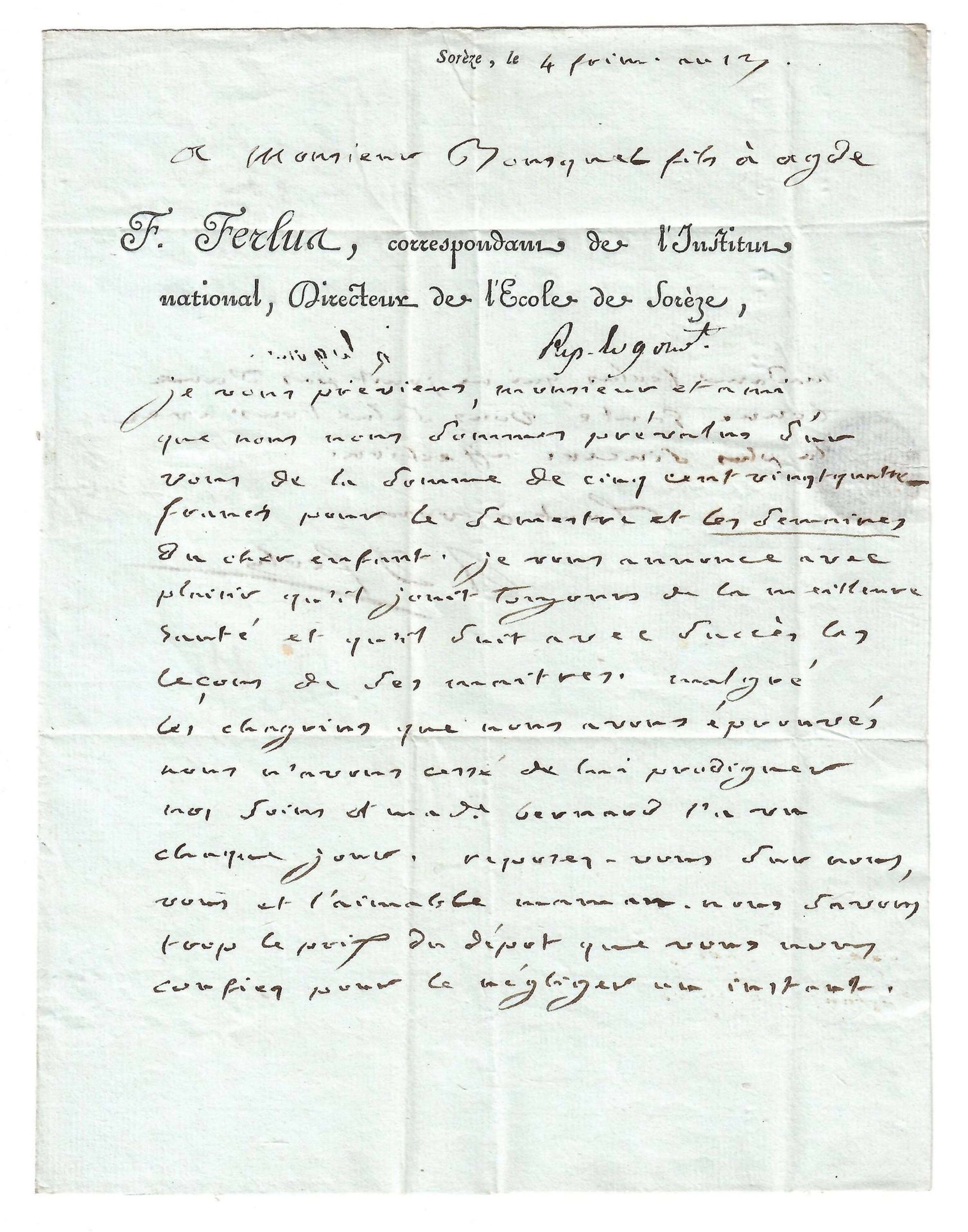 TARN. Letter from A.S. “François FERLUS, Correspondent of th - Lot 340