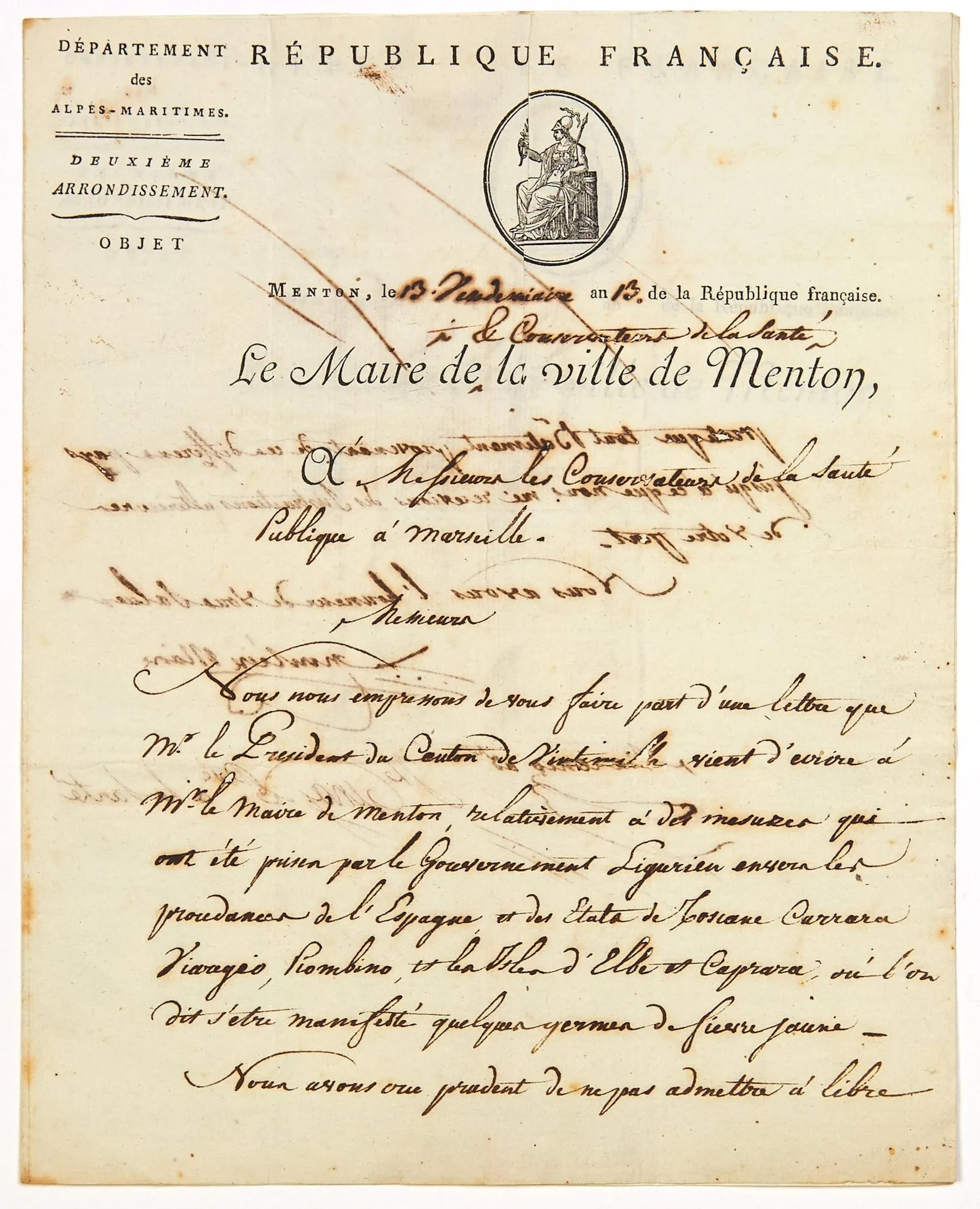 ALPES MARITIMES. MENTON. 1804. Letter signed Le Maire de la - Lot 351