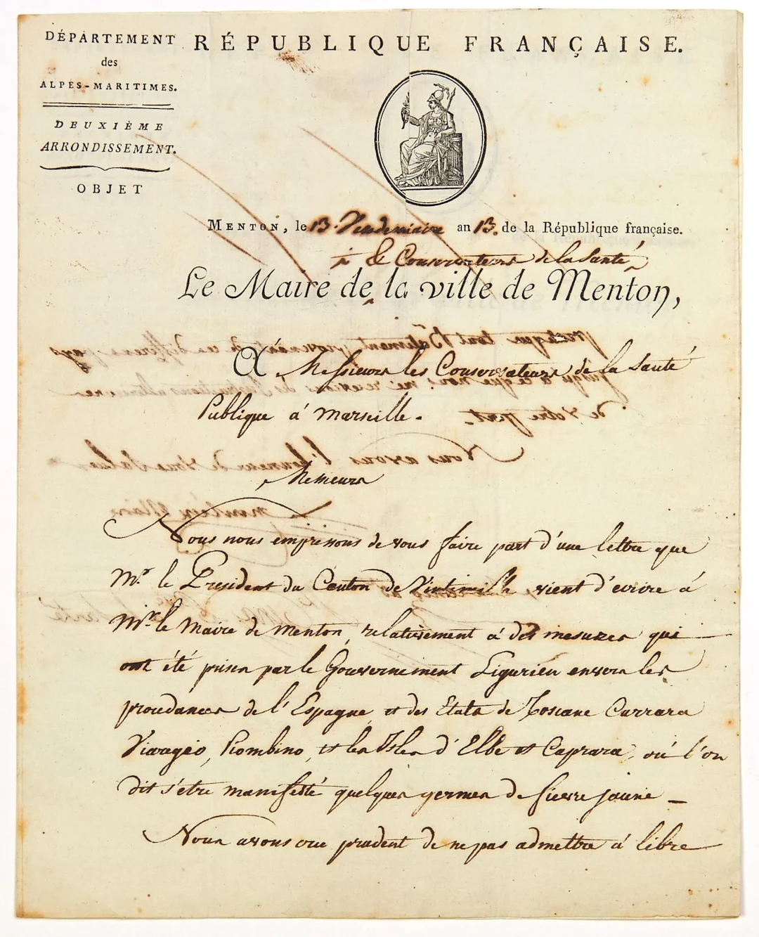 ALPES MARITIMES. MENTON. 1804. Letter signed Le Maire de la - Lot 351