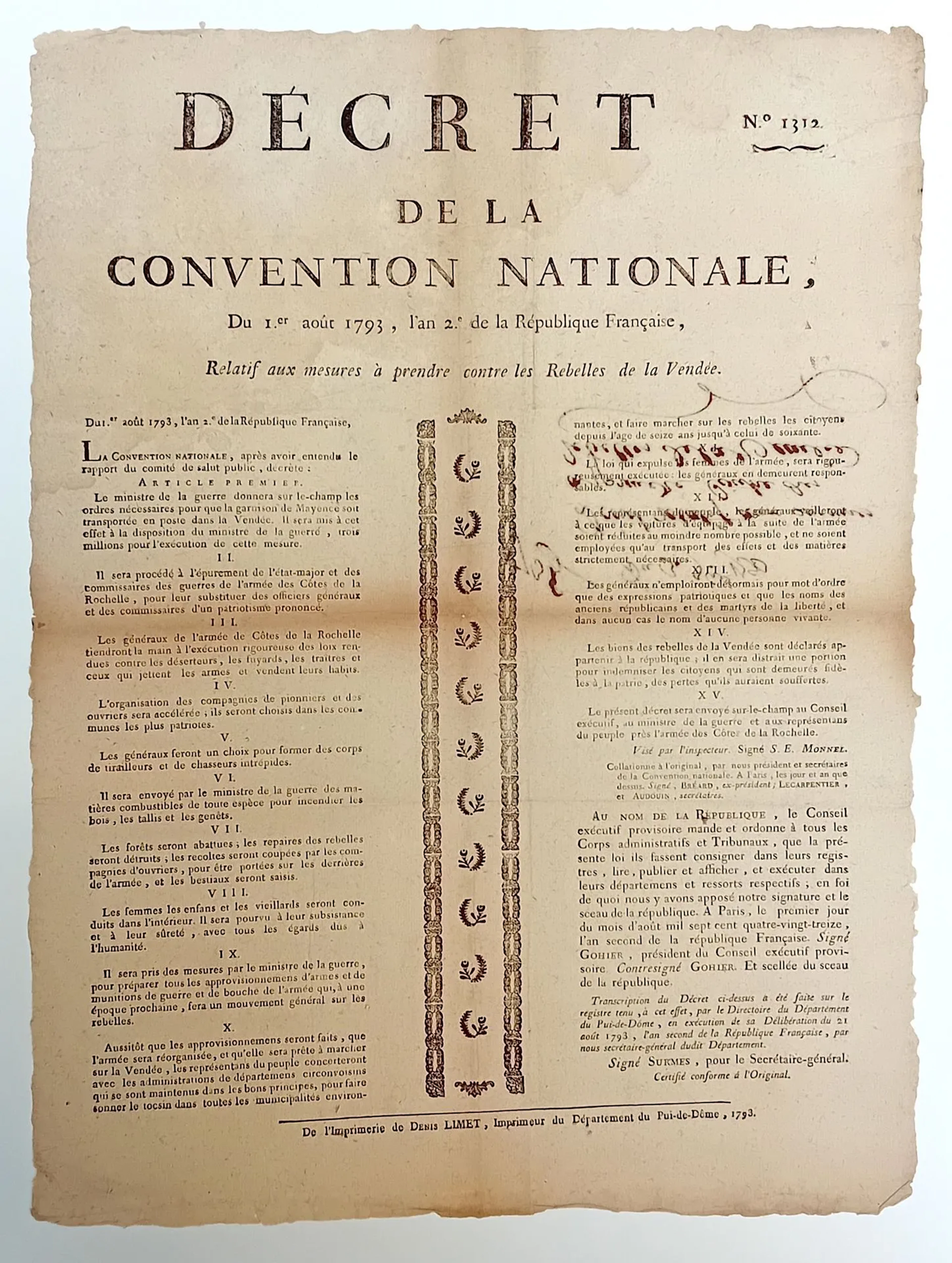 VENDÉE WARS. "Décret de la Convention Nationale, du 1er Août - Lot 227