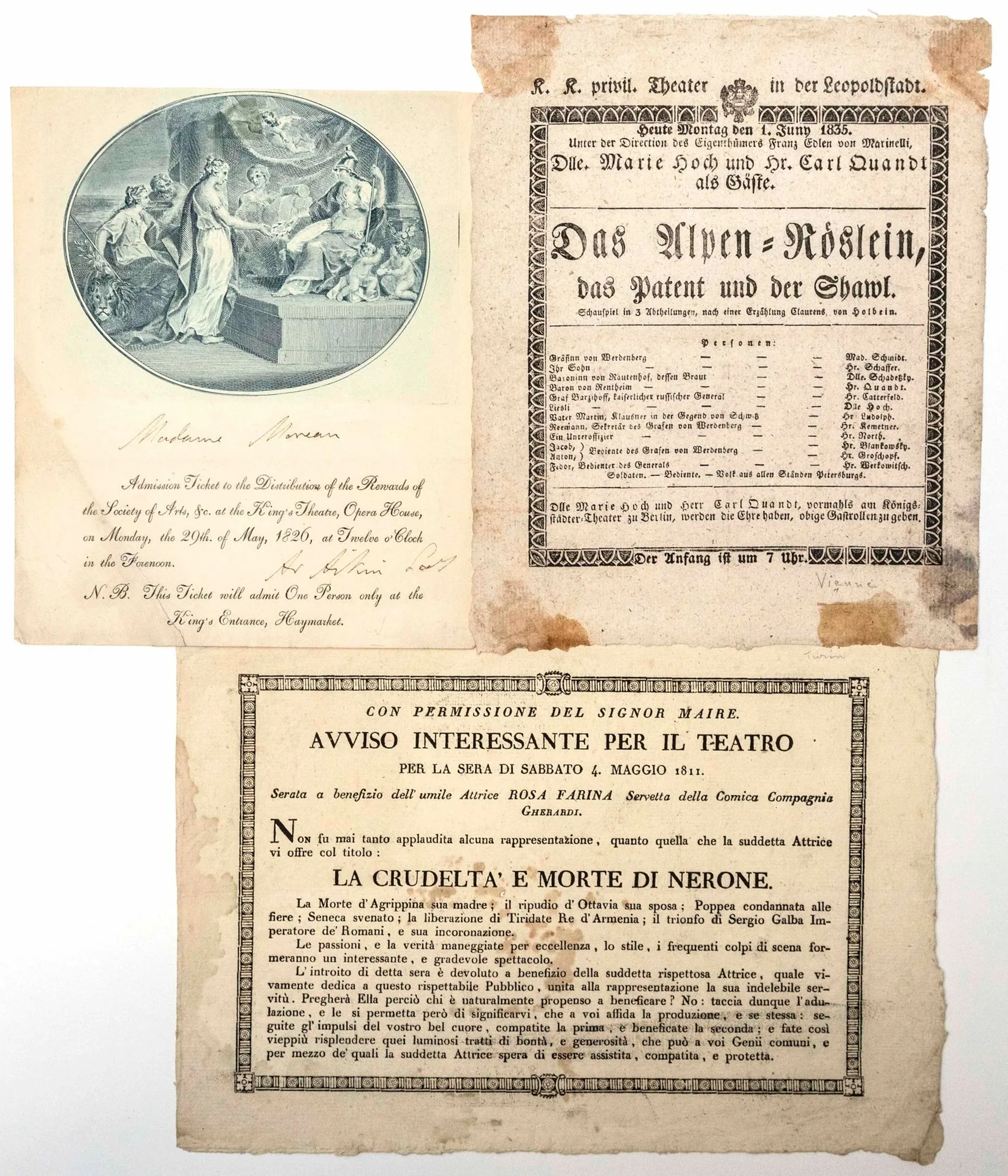 THEATER PROGRAM. 3 Pieces, 1811/1835: 1°) THEATER PROGRAM fo - Lot 567