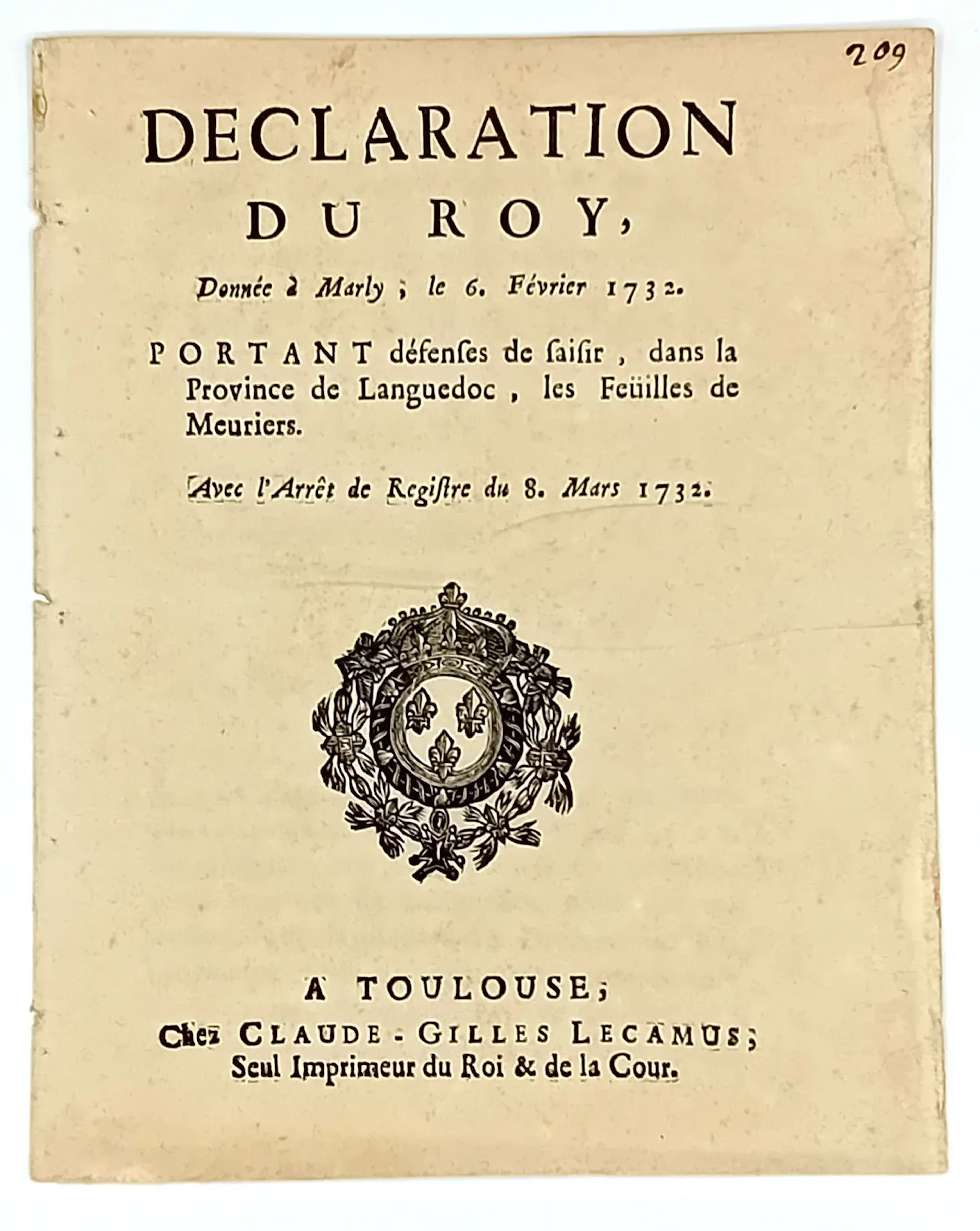 SILKWORMS. LANGUEDOC. "Déclaration du Roi, donné à Marly, le - Lot 60