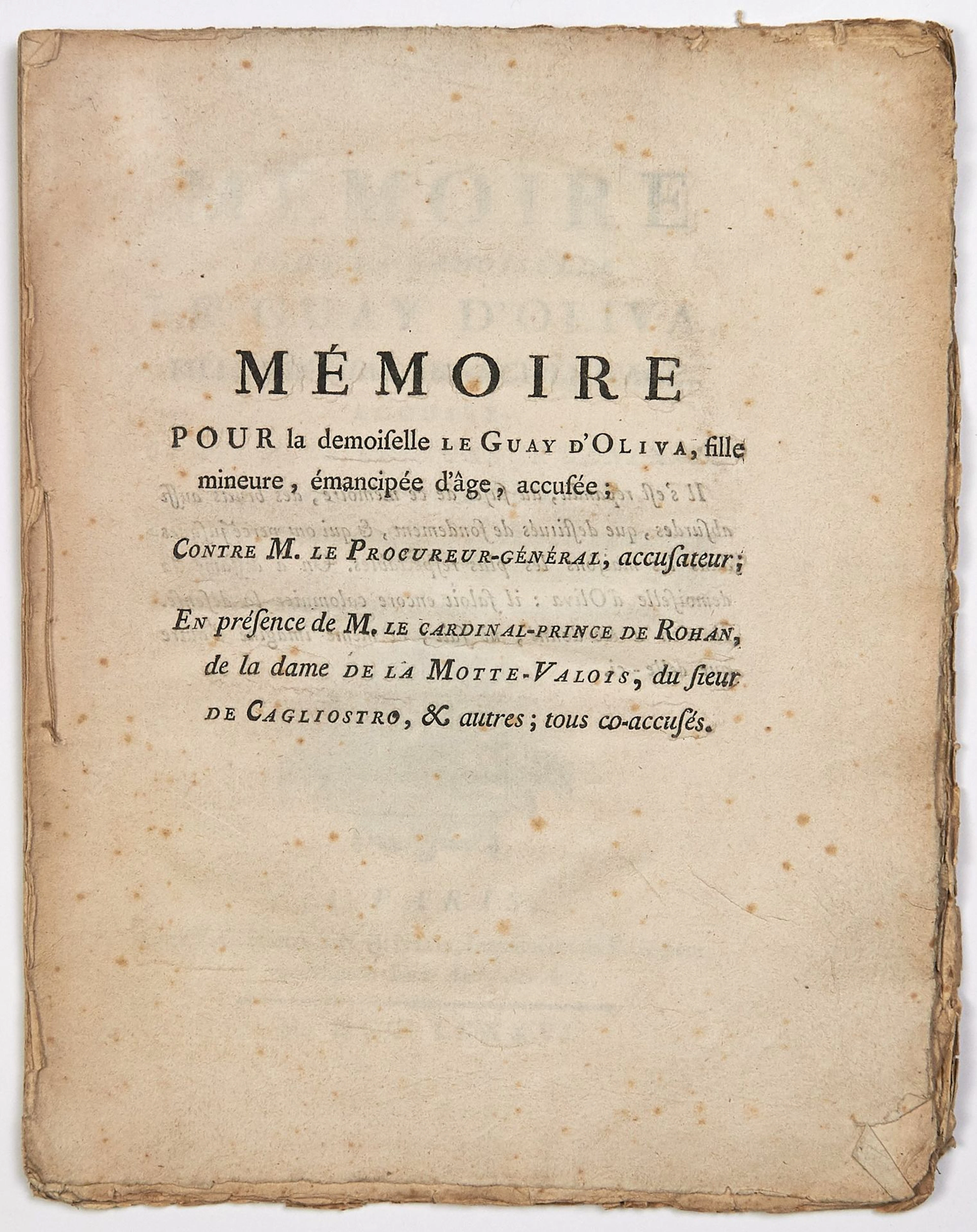 AFFAIRE DU COLLIER DE MARIE-ANTOINETTE. 1786. 1 Print : "Mém - Lot 281