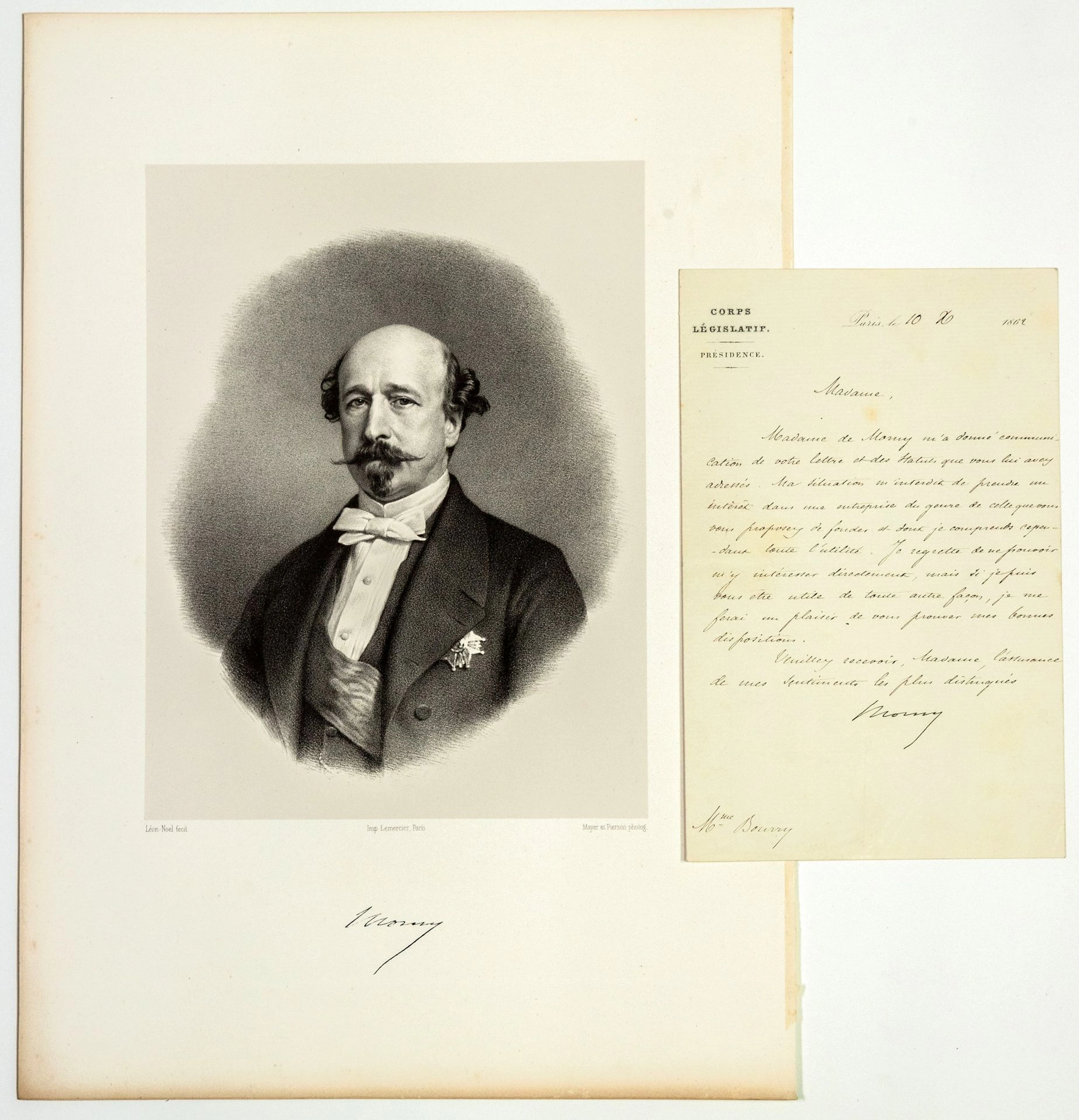 Charles, Duc de MORNY, 1 letter and 1 Lithograph : Charles, - Lot 570