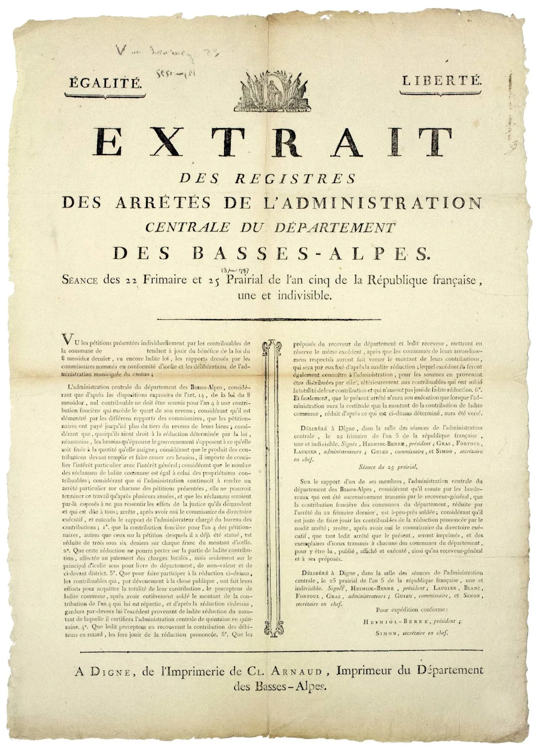 ALPES-DE-HAUTE-PROVENCE. "Extract from the Registres des Arr - Lot 254