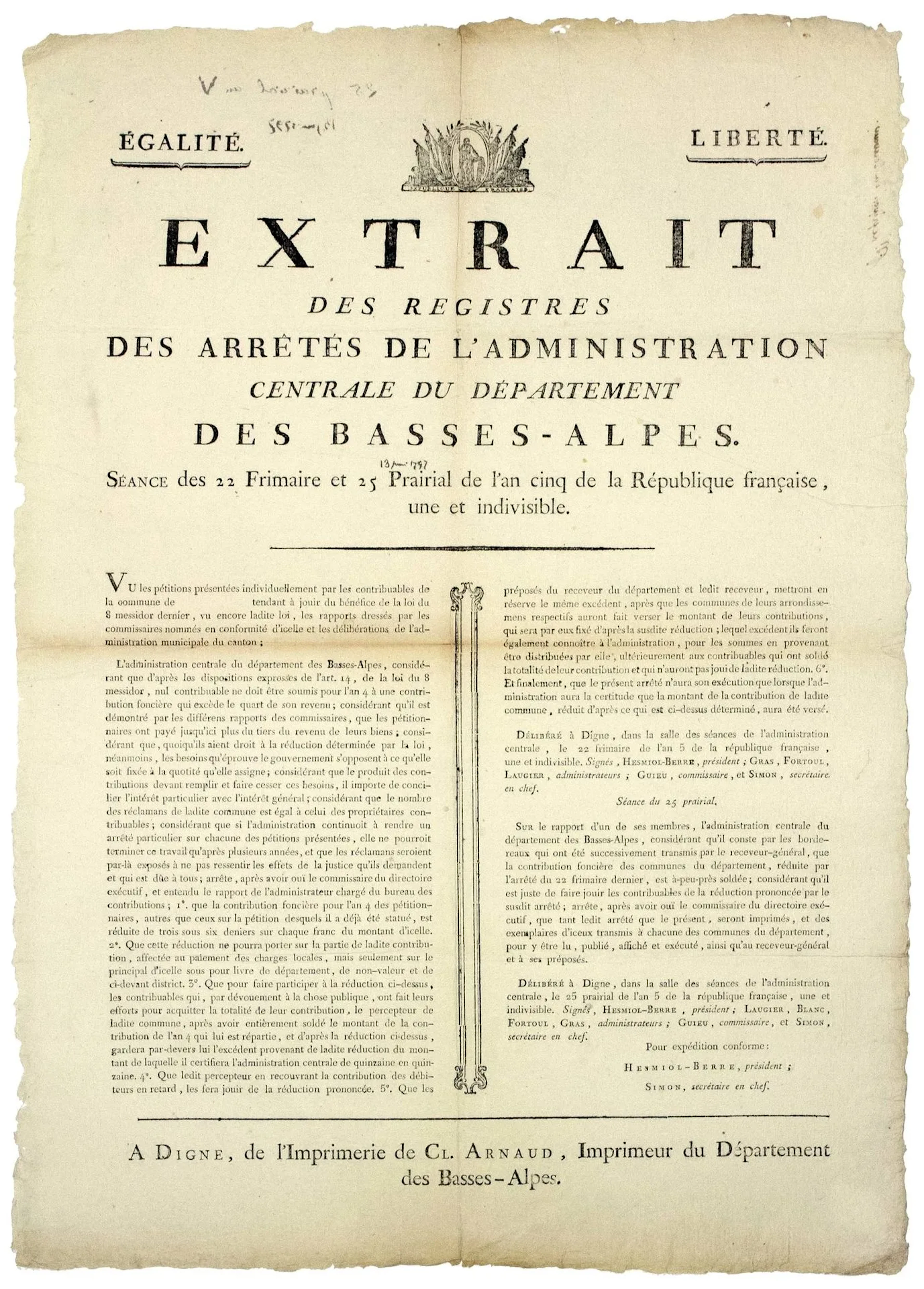 ALPES-DE-HAUTE-PROVENCE. "Extract from the Registres des Arr - Lot 254