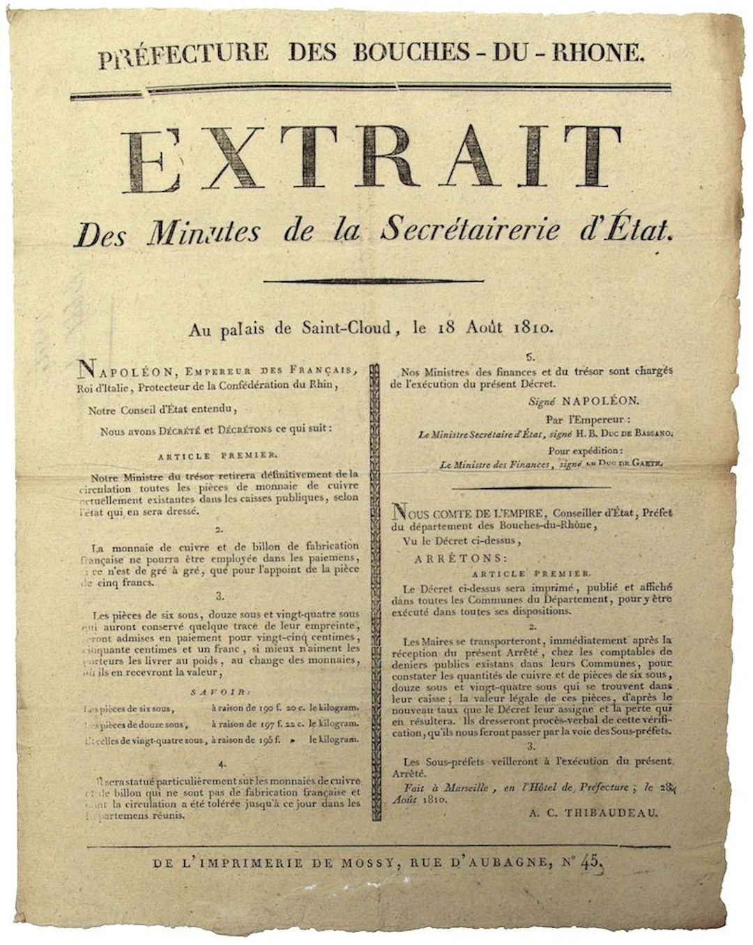 CURRENCY. BOUCHES-DU-RHÔNE. "Extrait des Minutes de la Secré - Lot 378