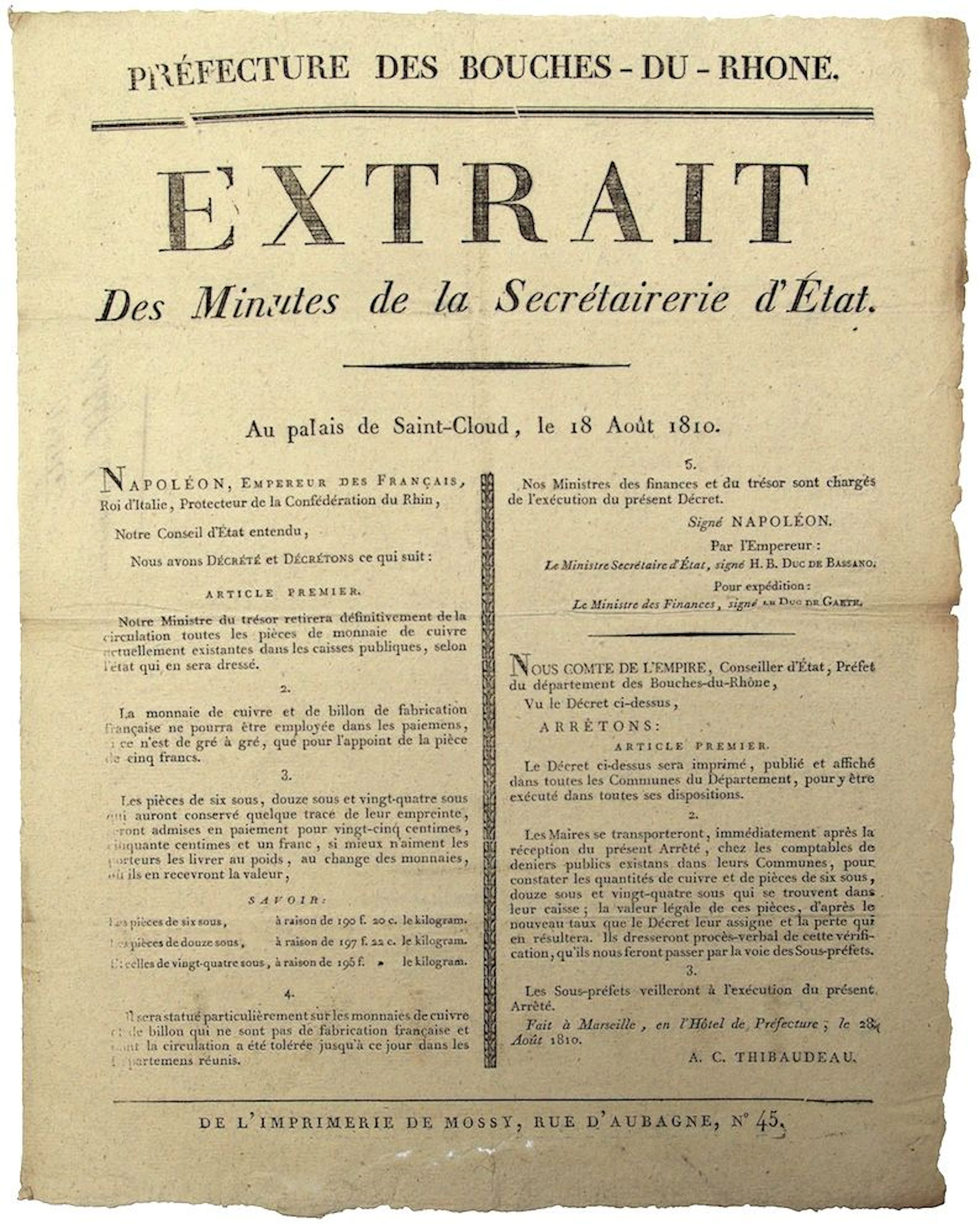 CURRENCY. BOUCHES-DU-RHÔNE. "Extrait des Minutes de la Secré - Lot 378