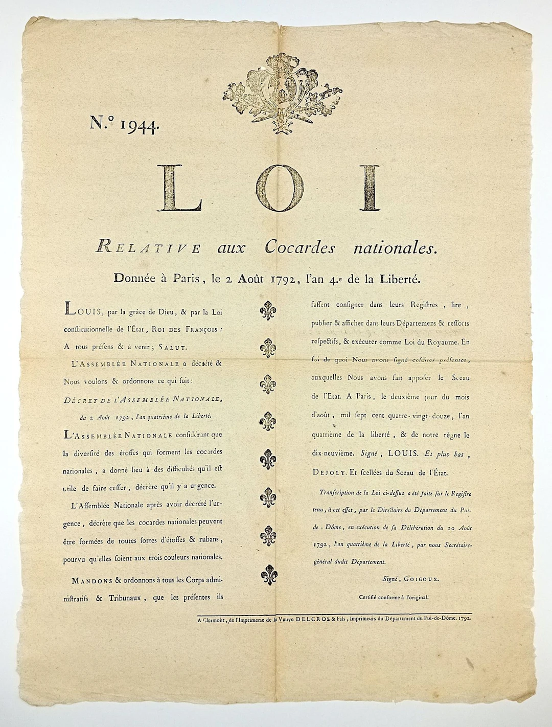 LOUIS XVI and TRICOLOR COCARDES. "LOI relative aux Cocardes - Lot 209
