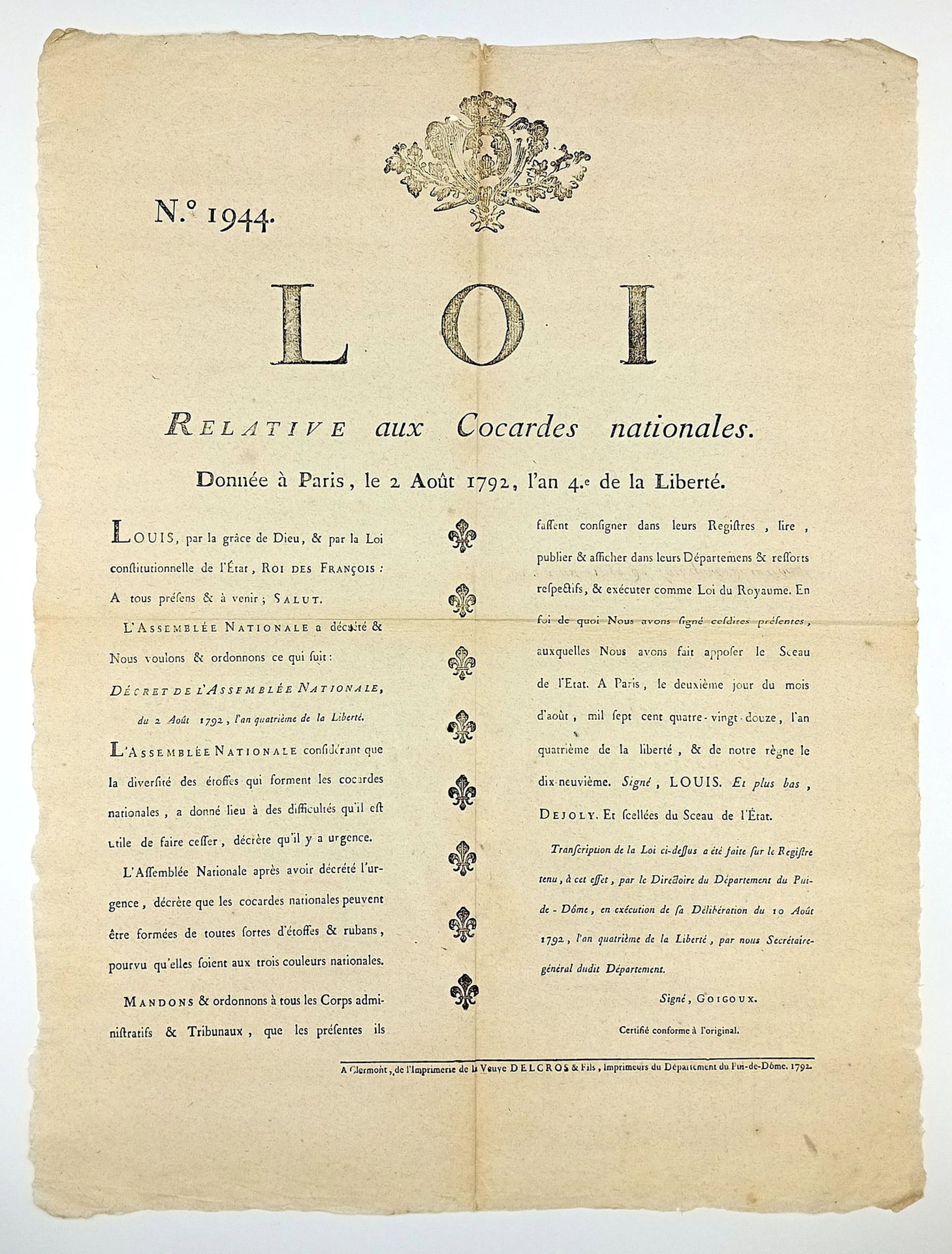 LOUIS XVI and TRICOLOR COCARDES. "LOI relative aux Cocardes - Lot 209