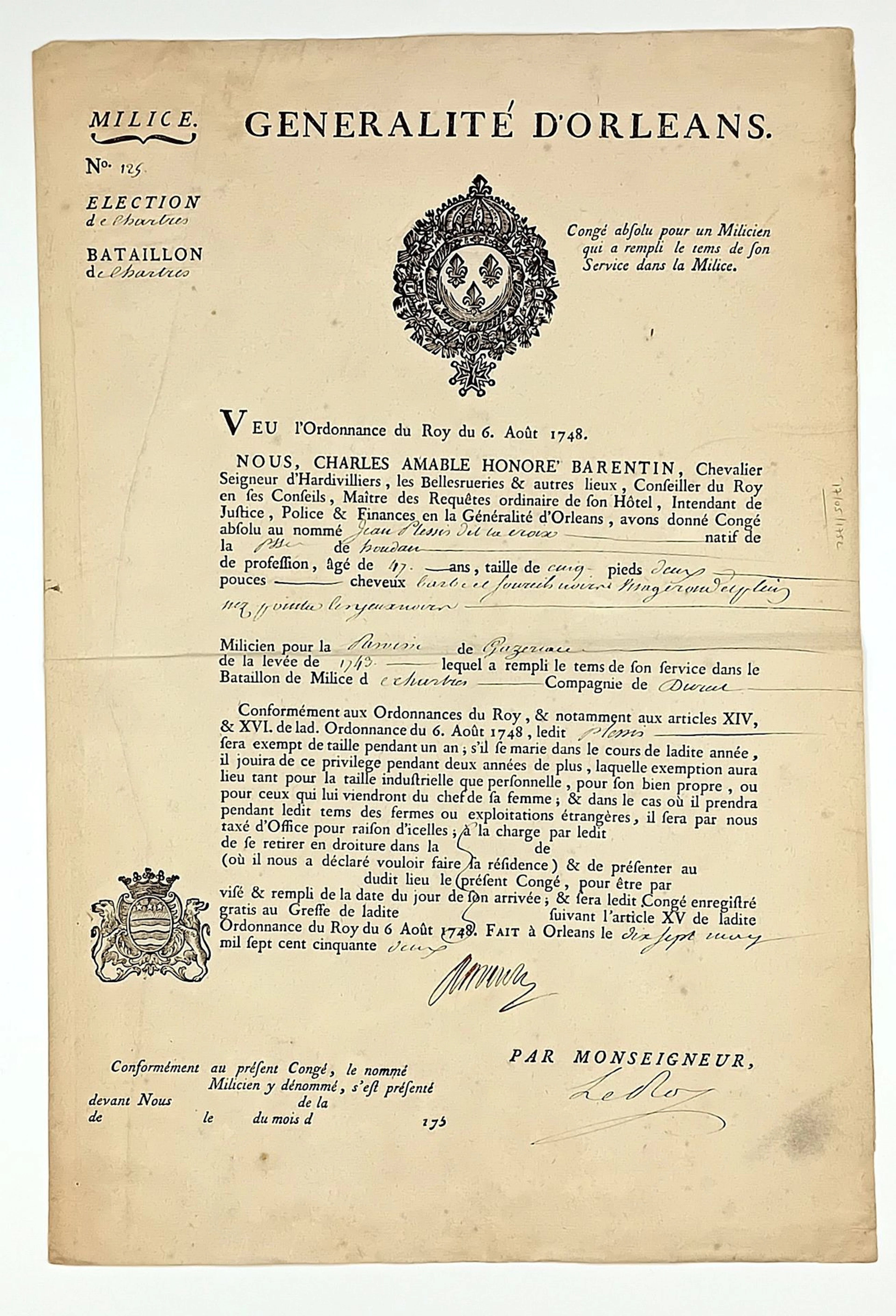 EURE-ET-LOIR. “CHARTRES BATTALION.” MILITIA. Permanent disch - Lot 83