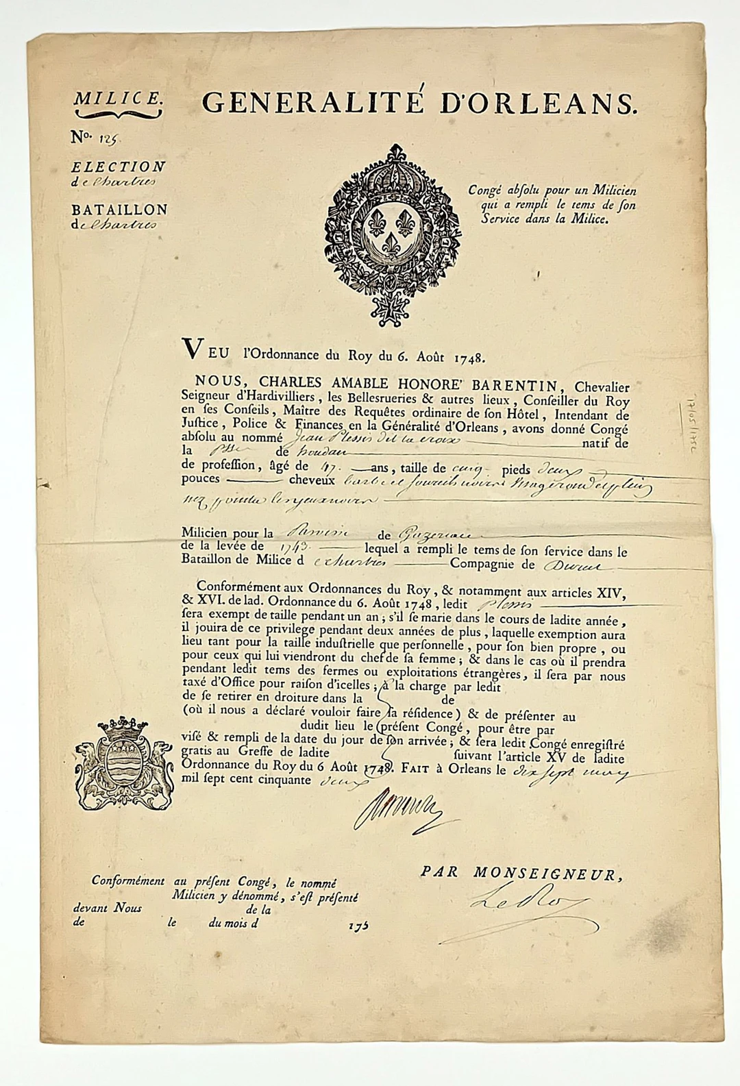 EURE-ET-LOIR. “CHARTRES BATTALION.” MILITIA. Permanent disch - Lot 83