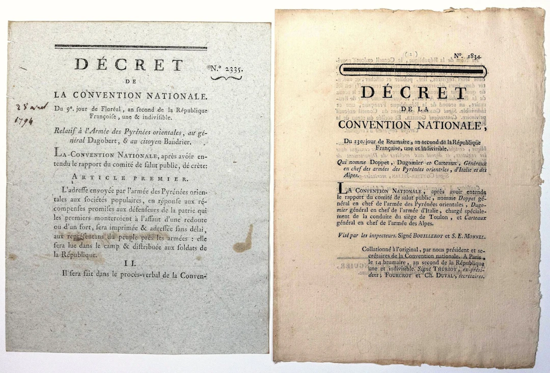 ARMED FORCES OF THE EASTERN PYRENEES. 1793. 2 DECREES, in-4° - Lot 241