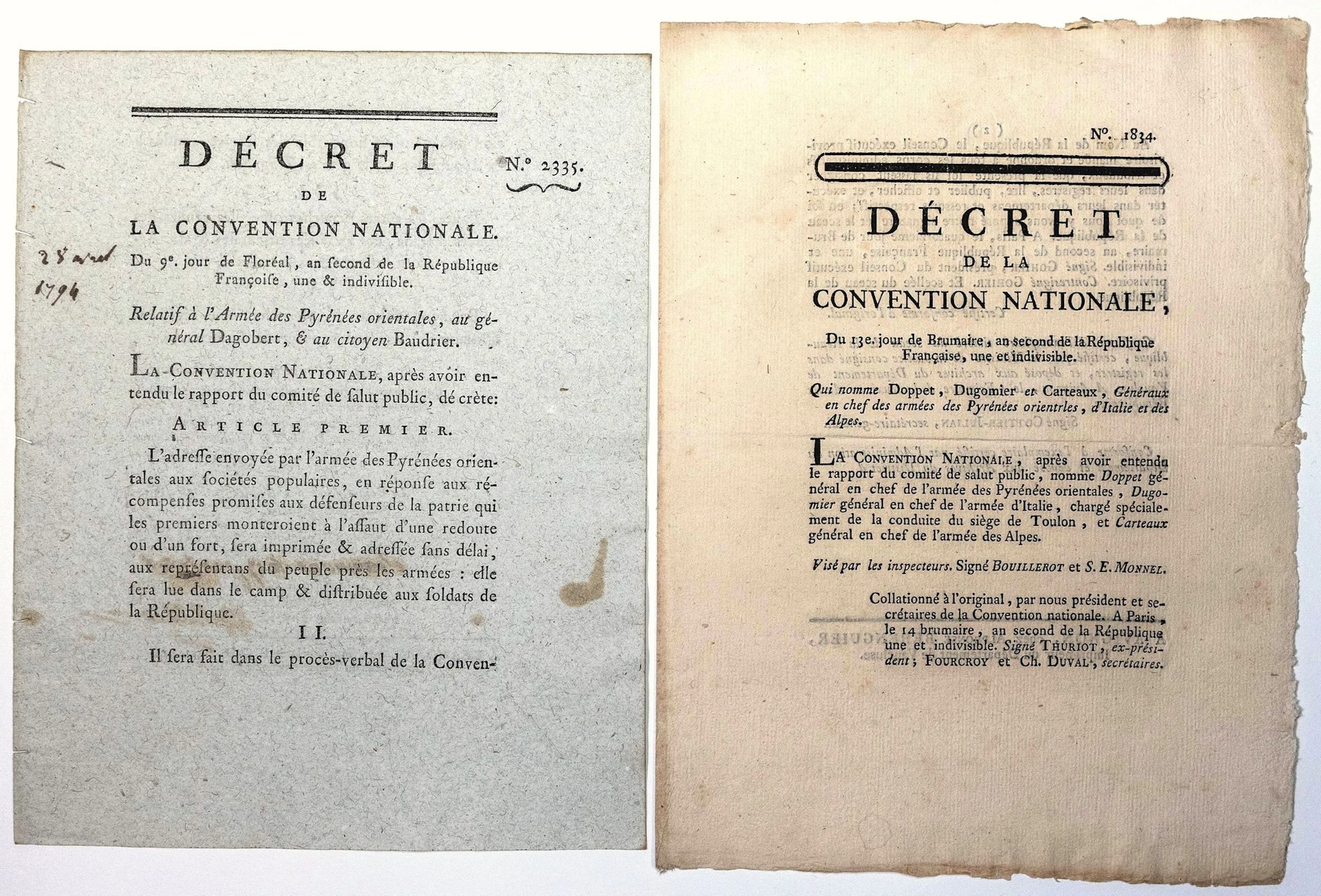 ARMED FORCES OF THE EASTERN PYRENEES. 1793. 2 DECREES, in-4° - Lot 241
