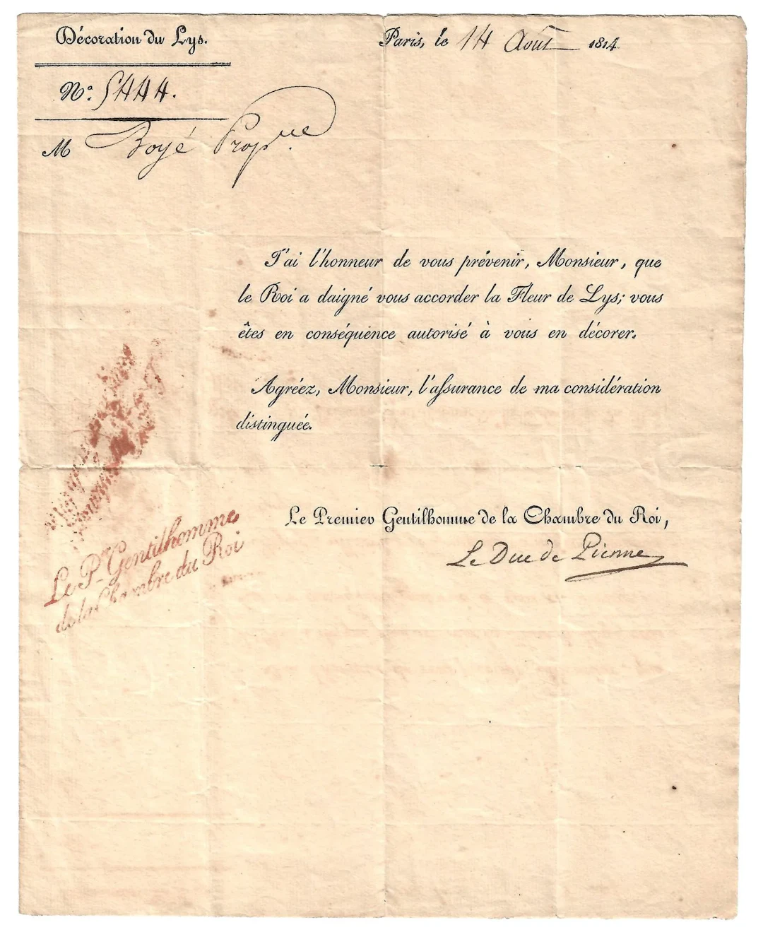 LILY DECORATION. Signed letter from the Duke of PIENNE, Firs - Lot 402