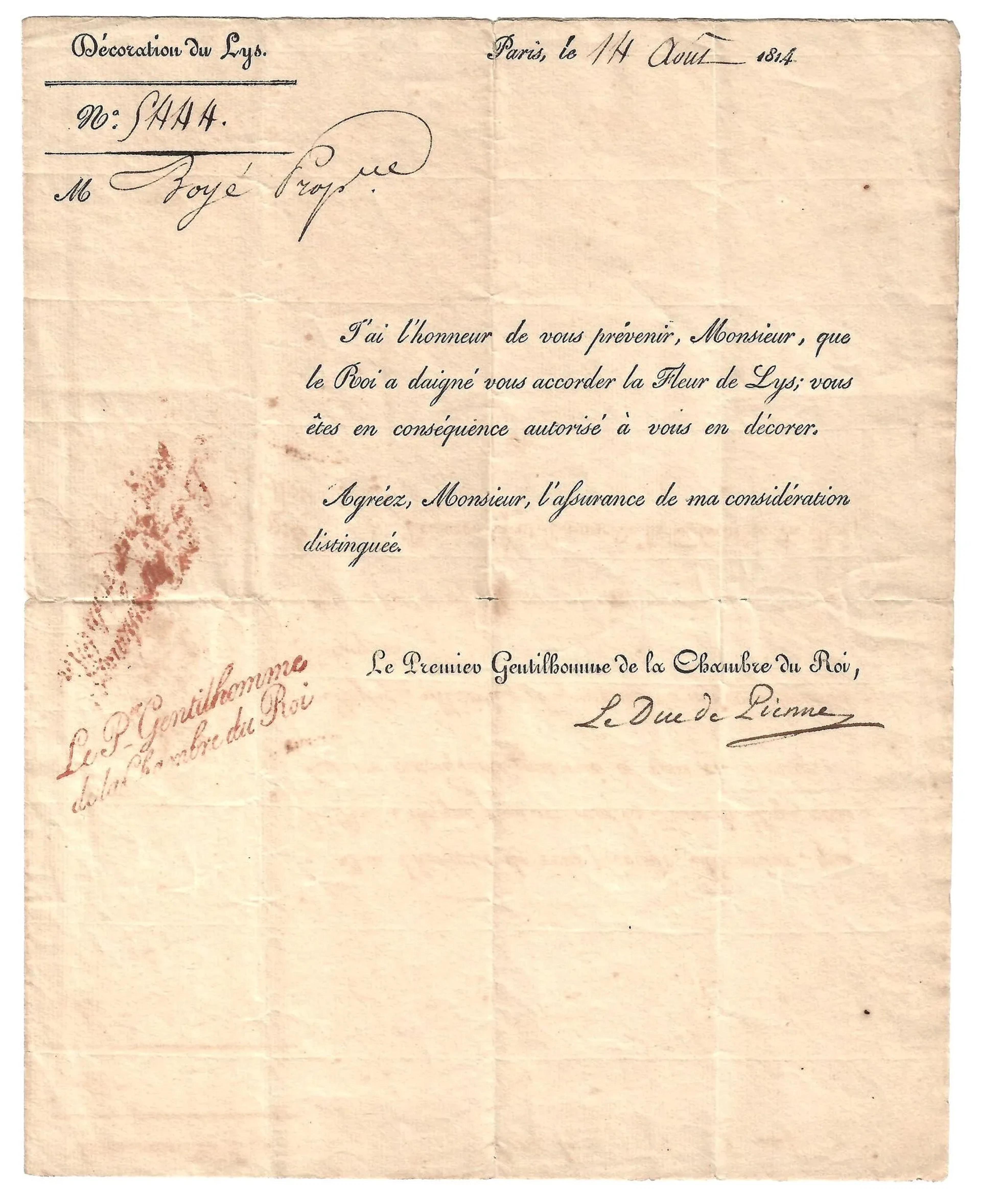 LILY DECORATION. Signed letter from the Duke of PIENNE, Firs - Lot 402
