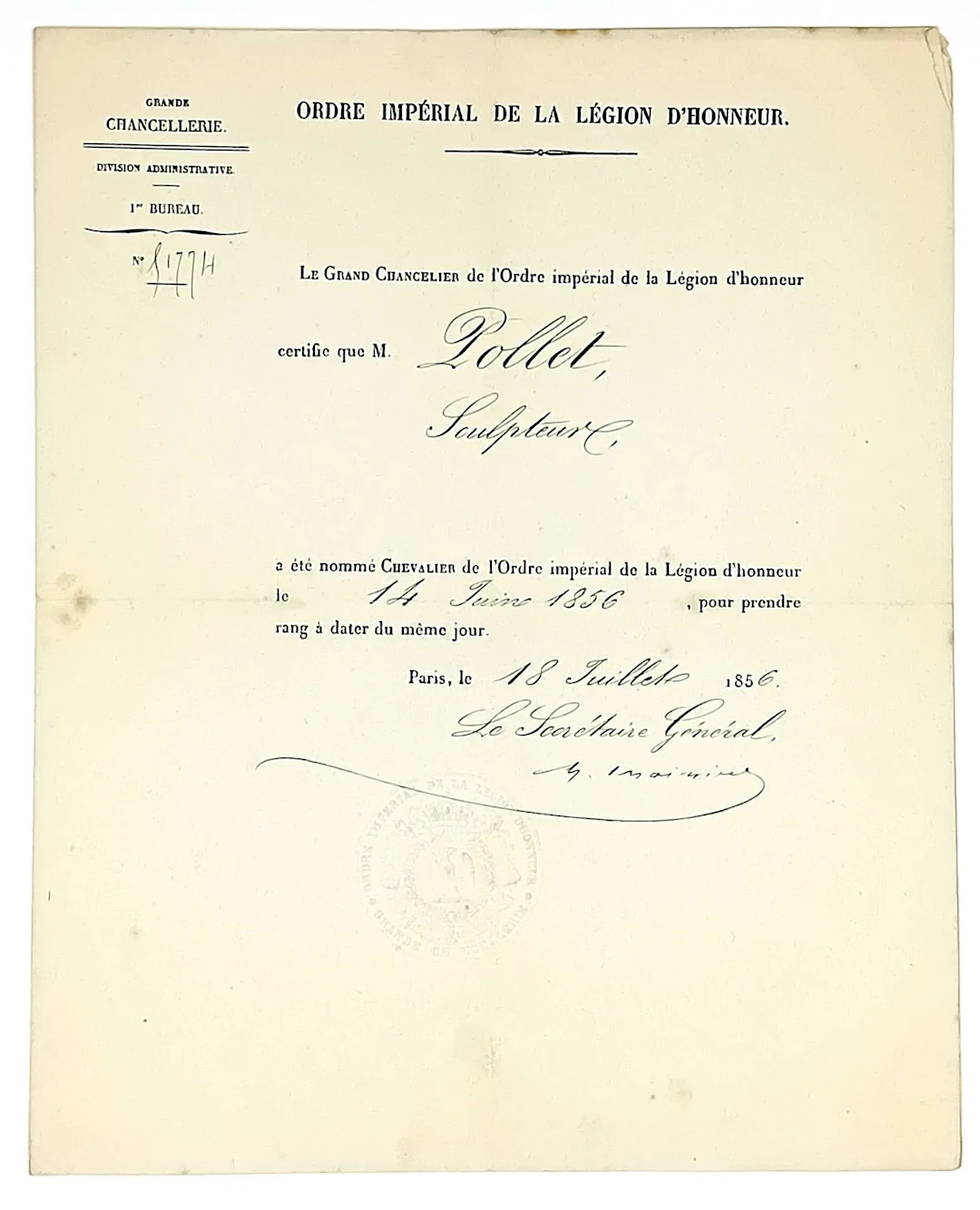 POLLET, Sculptor (1814–1871): Two letters from the Grand Cha - Lot 562