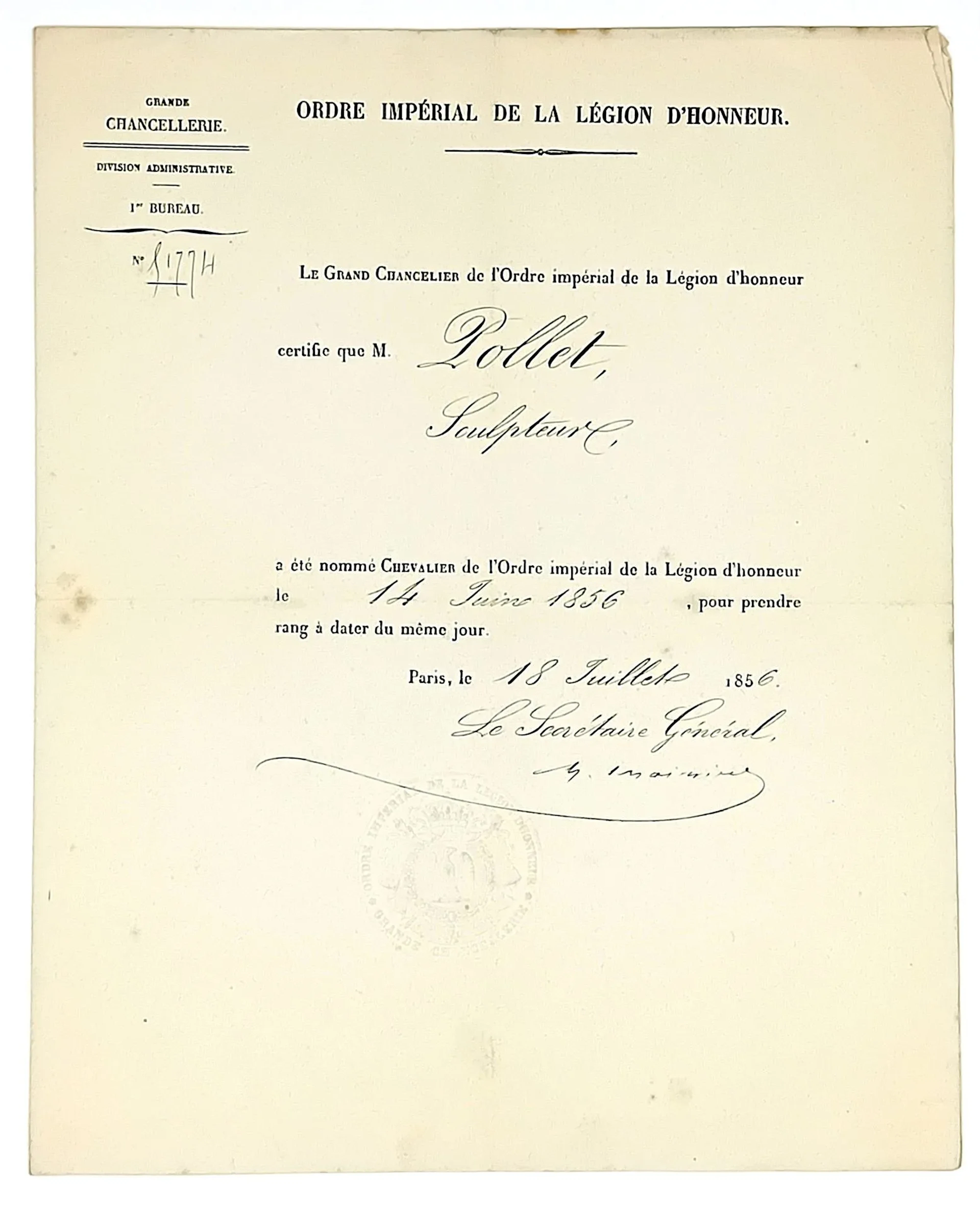POLLET, Sculptor (1814–1871): Two letters from the Grand Cha - Lot 562