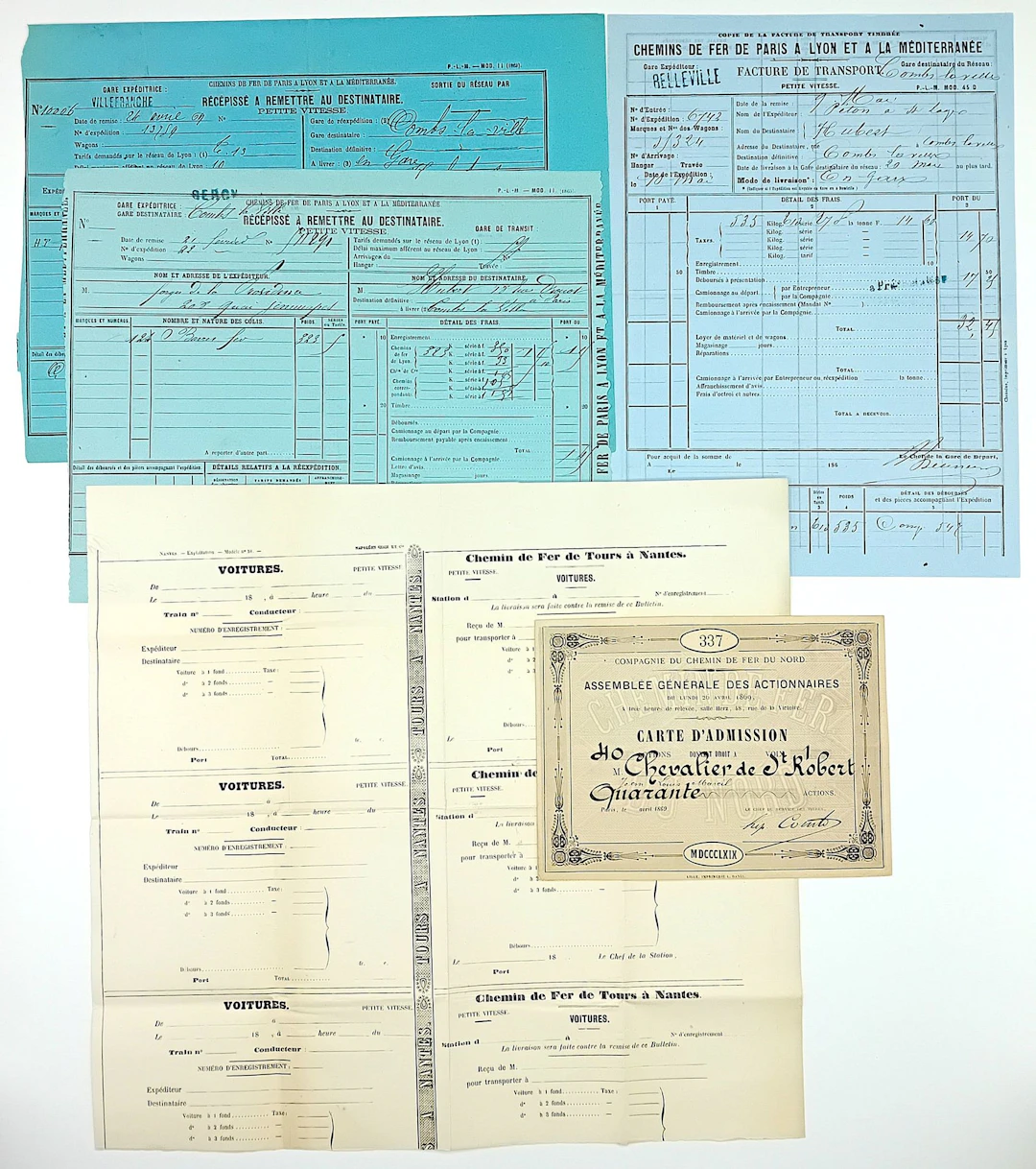 RAILWAYS. SECOND EMPIRE. 5 PIECES: "CHEMIN DE FER DE PARIS A - Lot 615