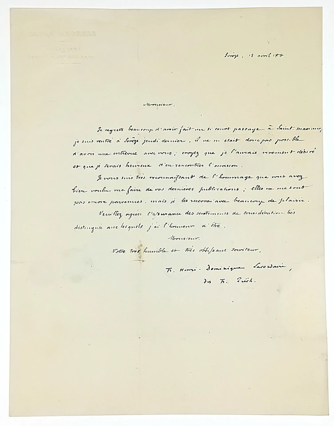 LACORDAIRE (Henri-Dominique) Preacher, Teacher; Friend of LA - Lot 588