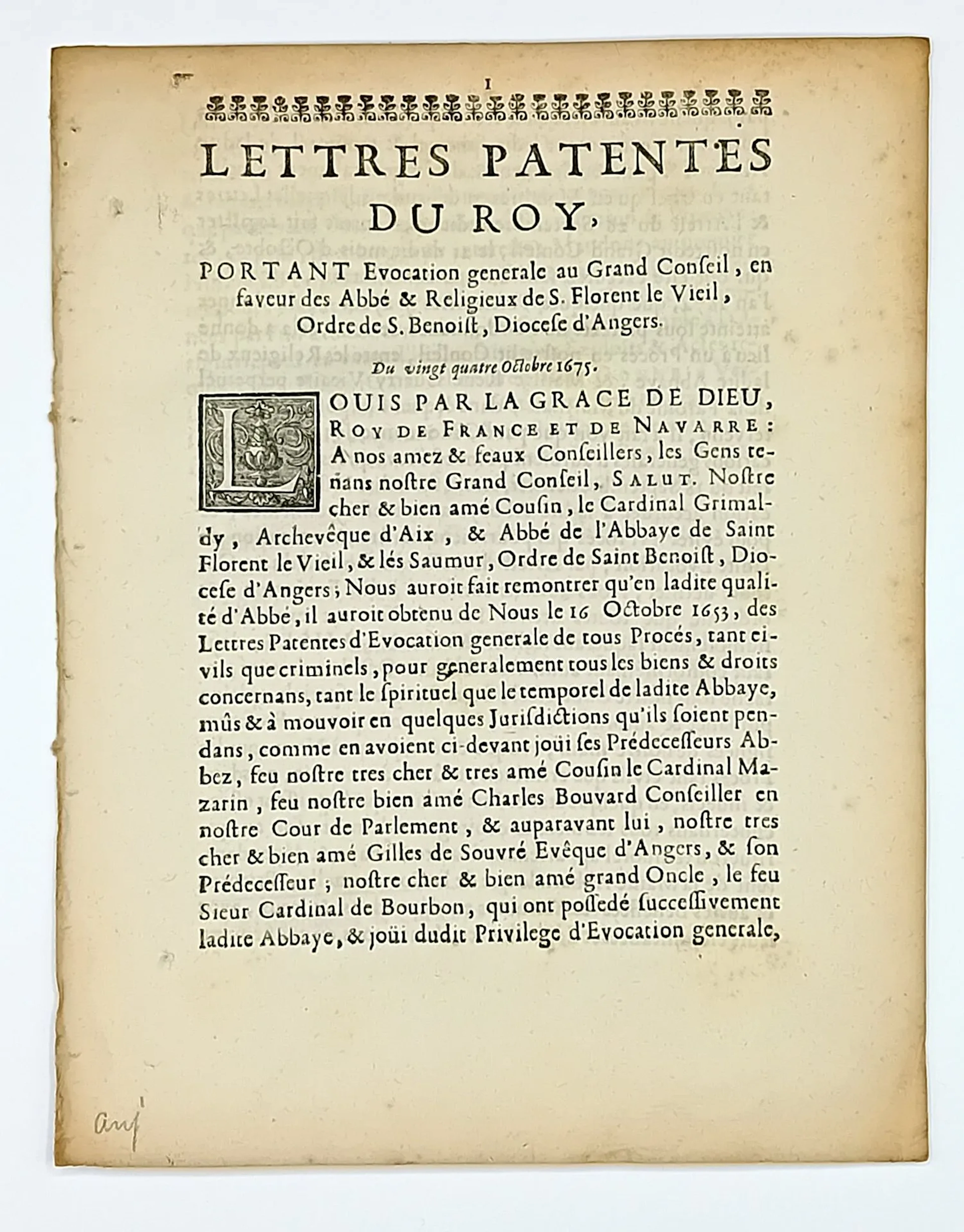 MAINE-ET-LOIRE. “Letters Patent from the KING, Issuing a Gen - Lot 26