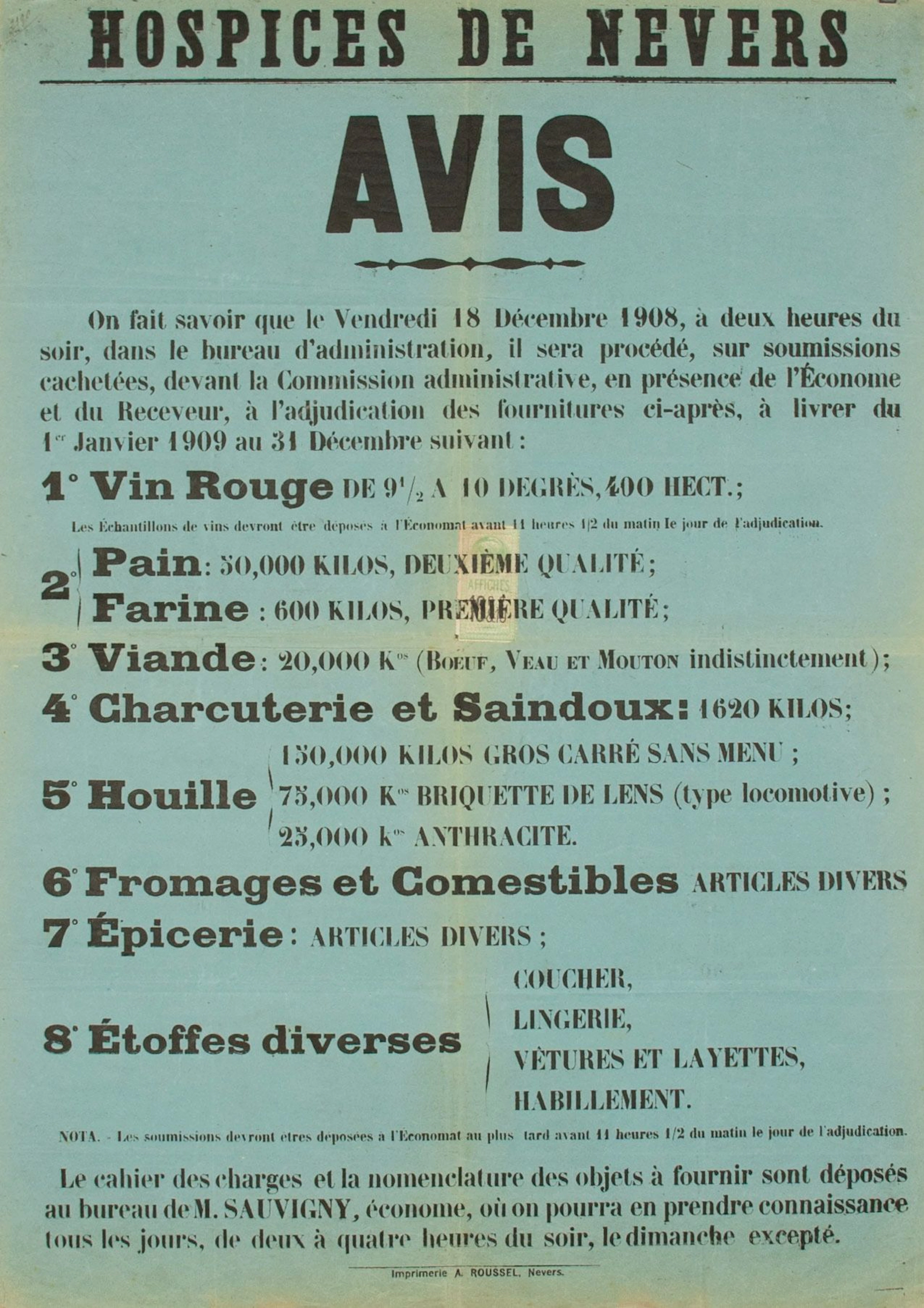 NIÈVRE. HOSPICES DE NEVERS. NOTICE. "On December 18, 1908... - Lot 641