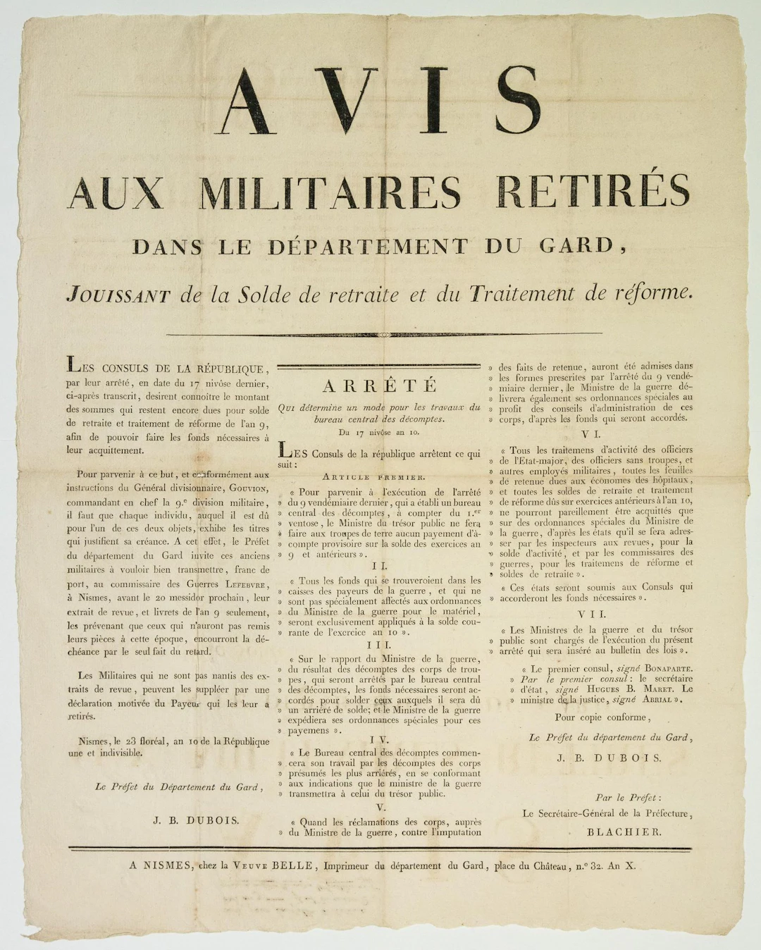 GARD. CONSULAT. "Avis aux militaires retirés dans le Départe - Lot 327