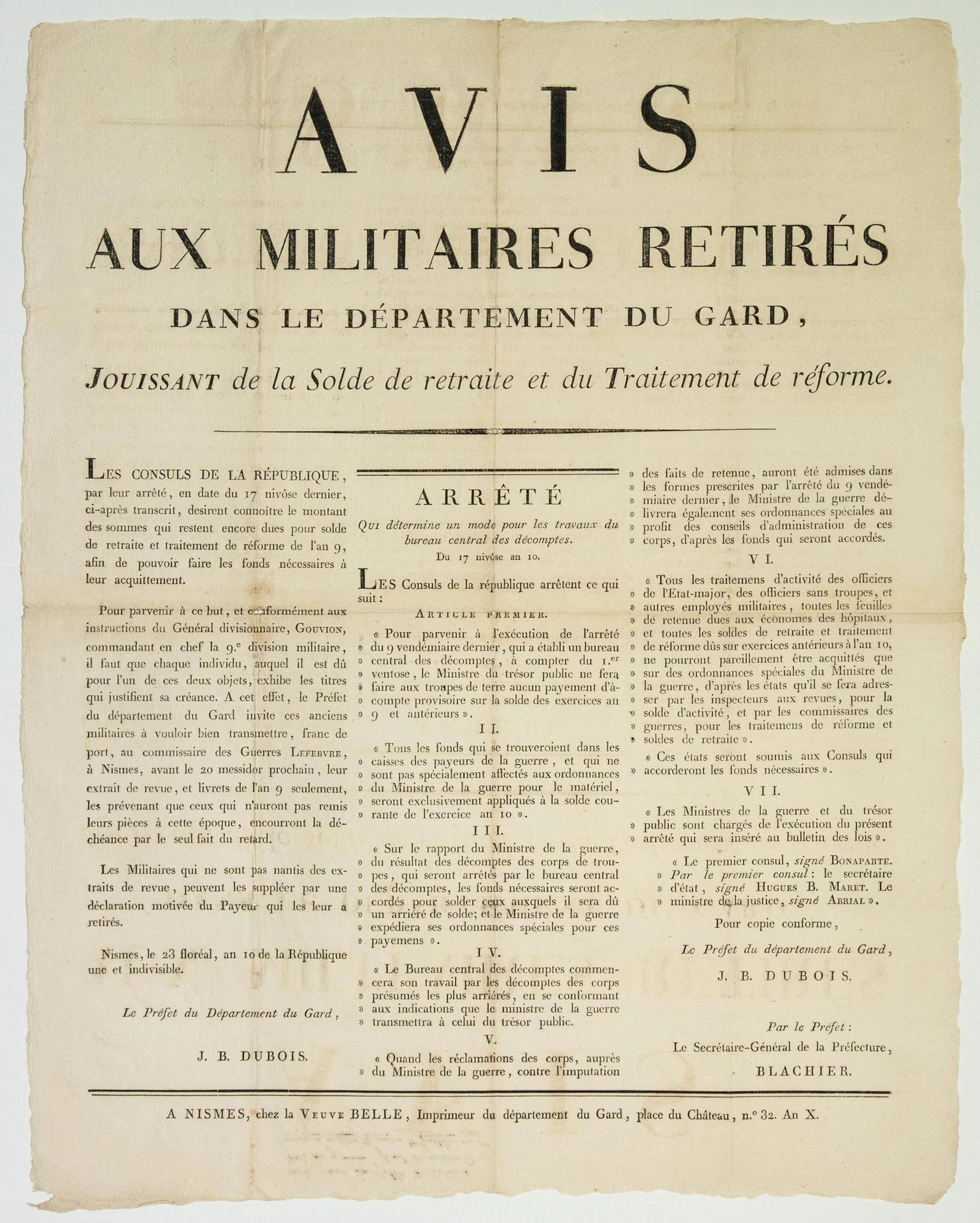 GARD. CONSULAT. "Avis aux militaires retirés dans le Départe - Lot 327
