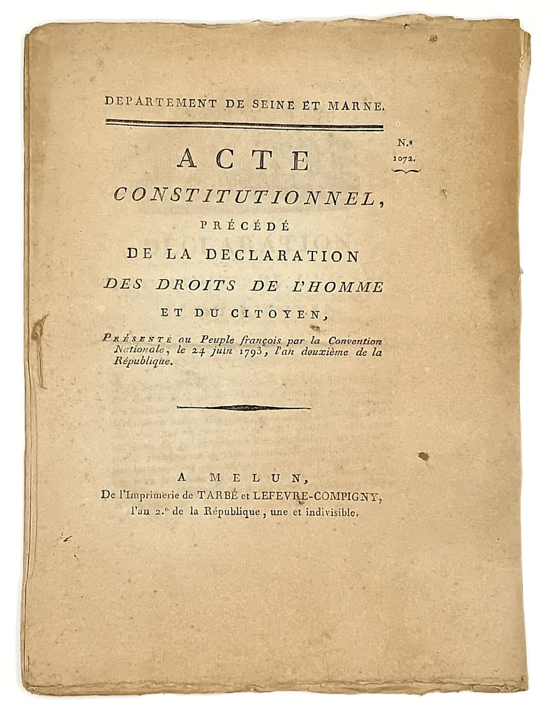 SEINE ET MARNE. THE FRENCH CONSTITUTION of 1793 (the Second) - Lot 226