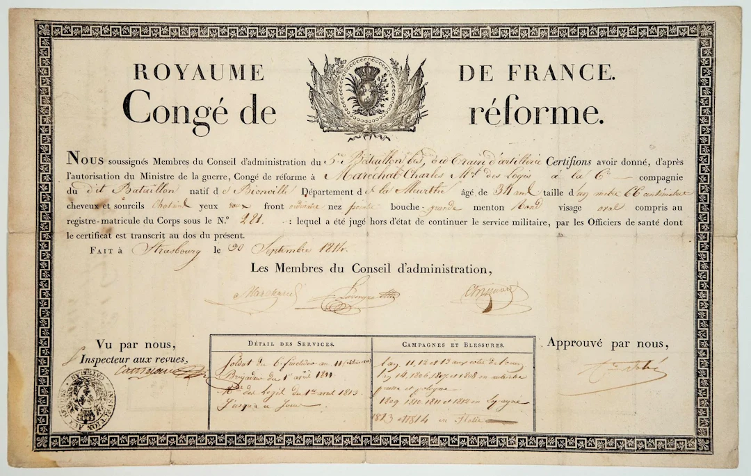 MARÉCHAL COMTE VALÉE. 1814. Congé de réforme de Charles MARÉ - Lot 403