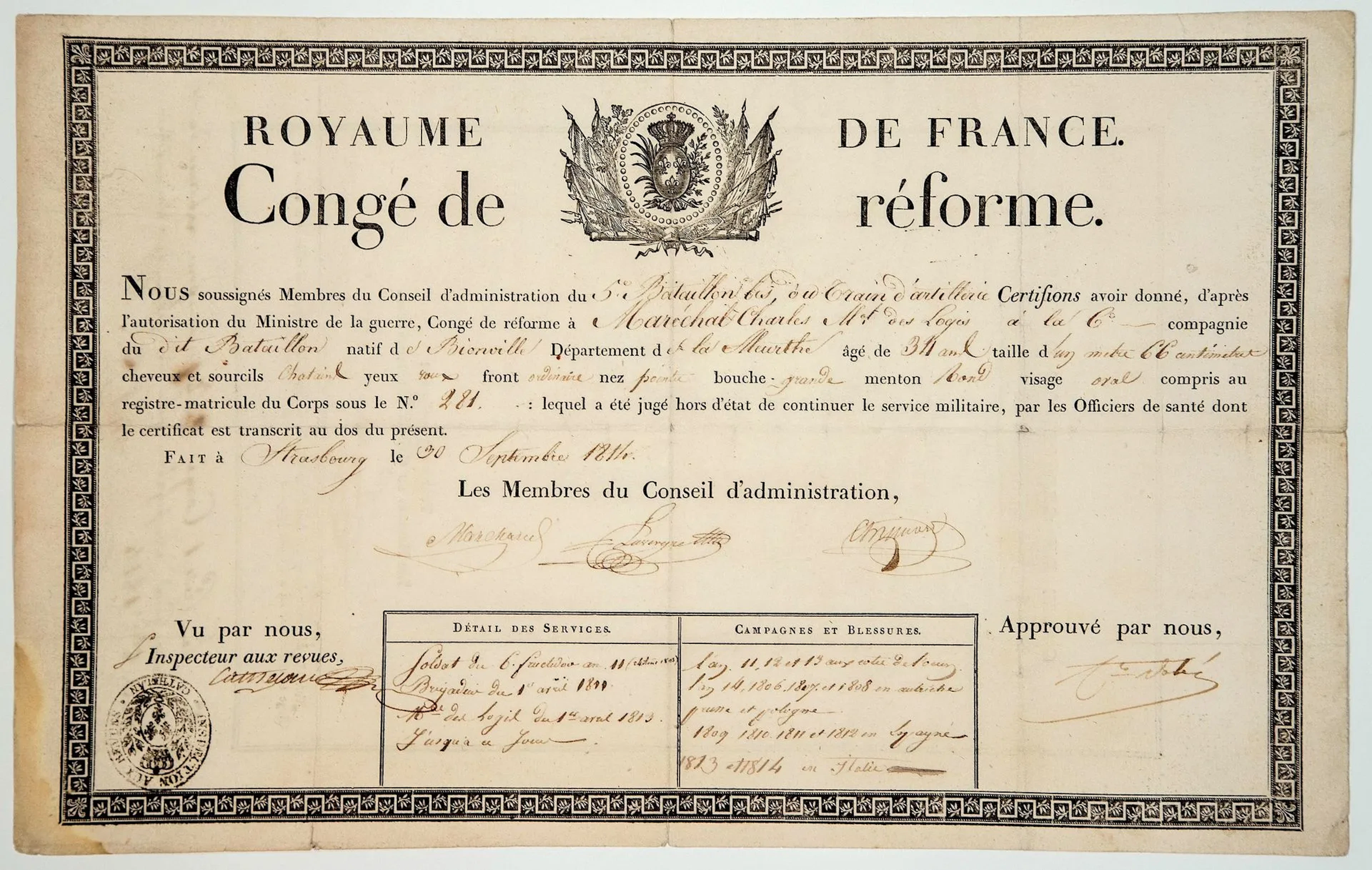 MARÉCHAL COMTE VALÉE. 1814. Congé de réforme de Charles MARÉ - Lot 403