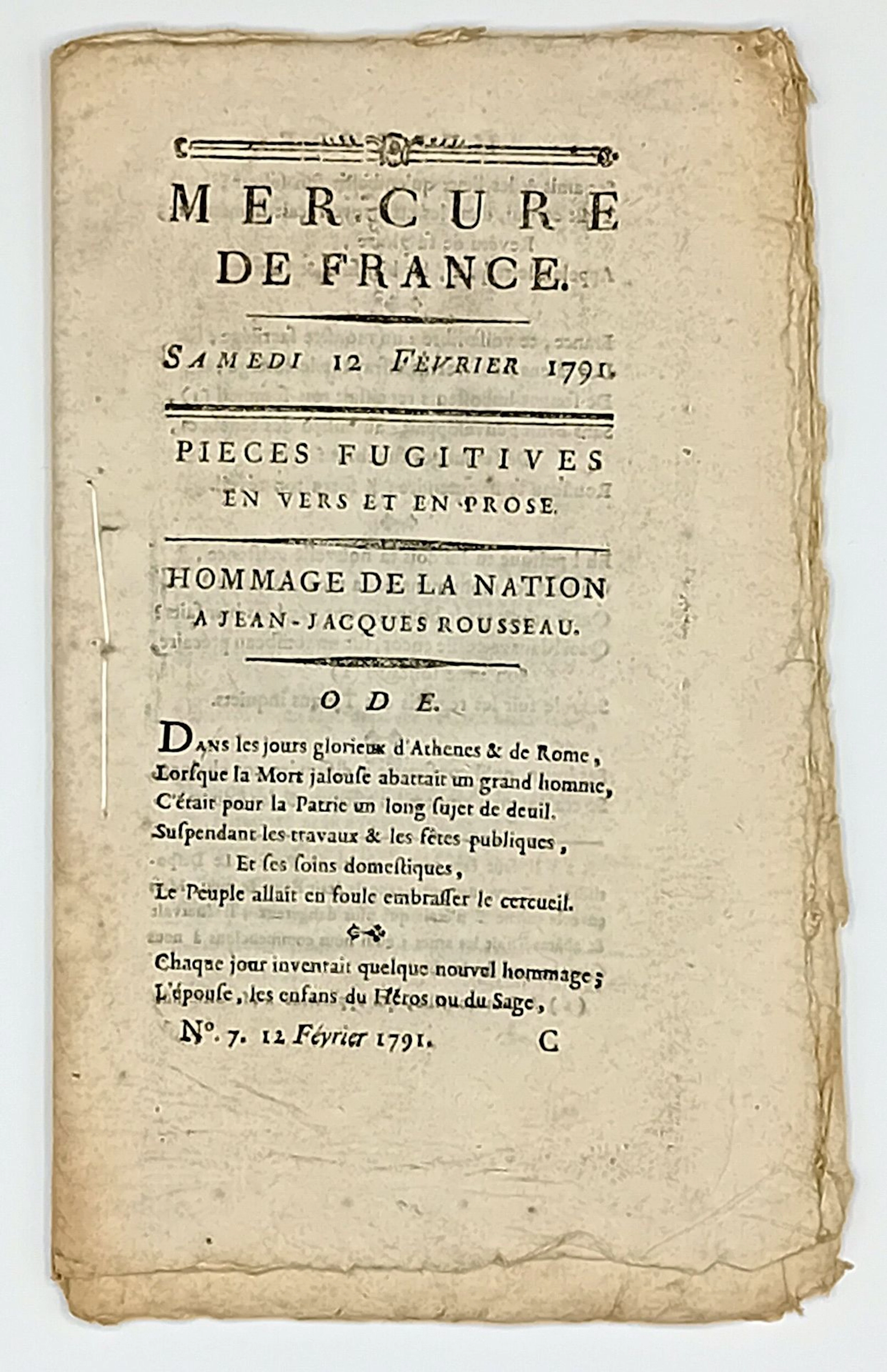 ROUSSEAU. 1791. "MERCURE DE FRANCE" Journal du Samedi 12 Fév - Lot 173
