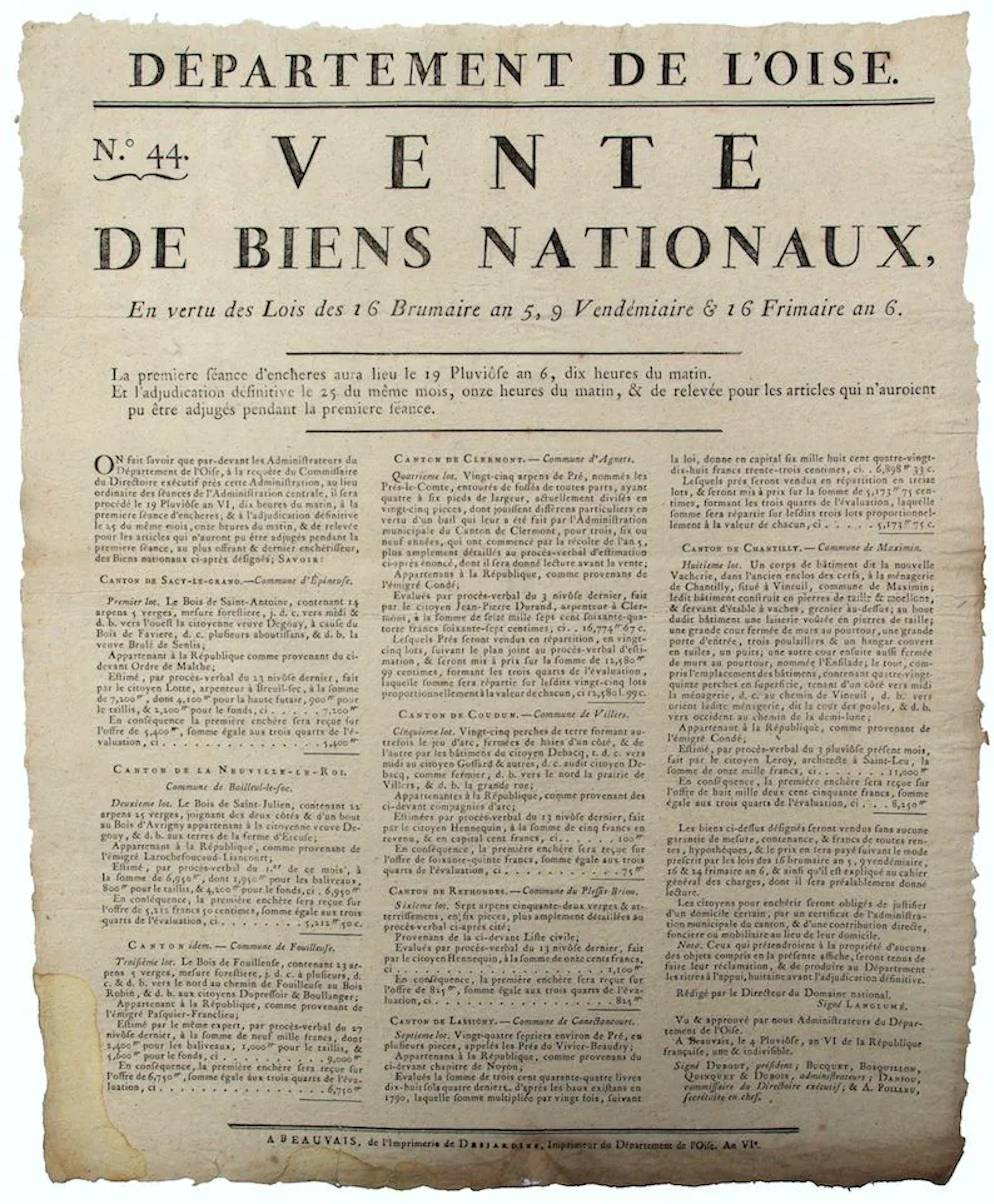 OISE. 1798. VENTE DE BIENS NATIONAUX du 19 pluviôse An 6 (7 - Lot 301