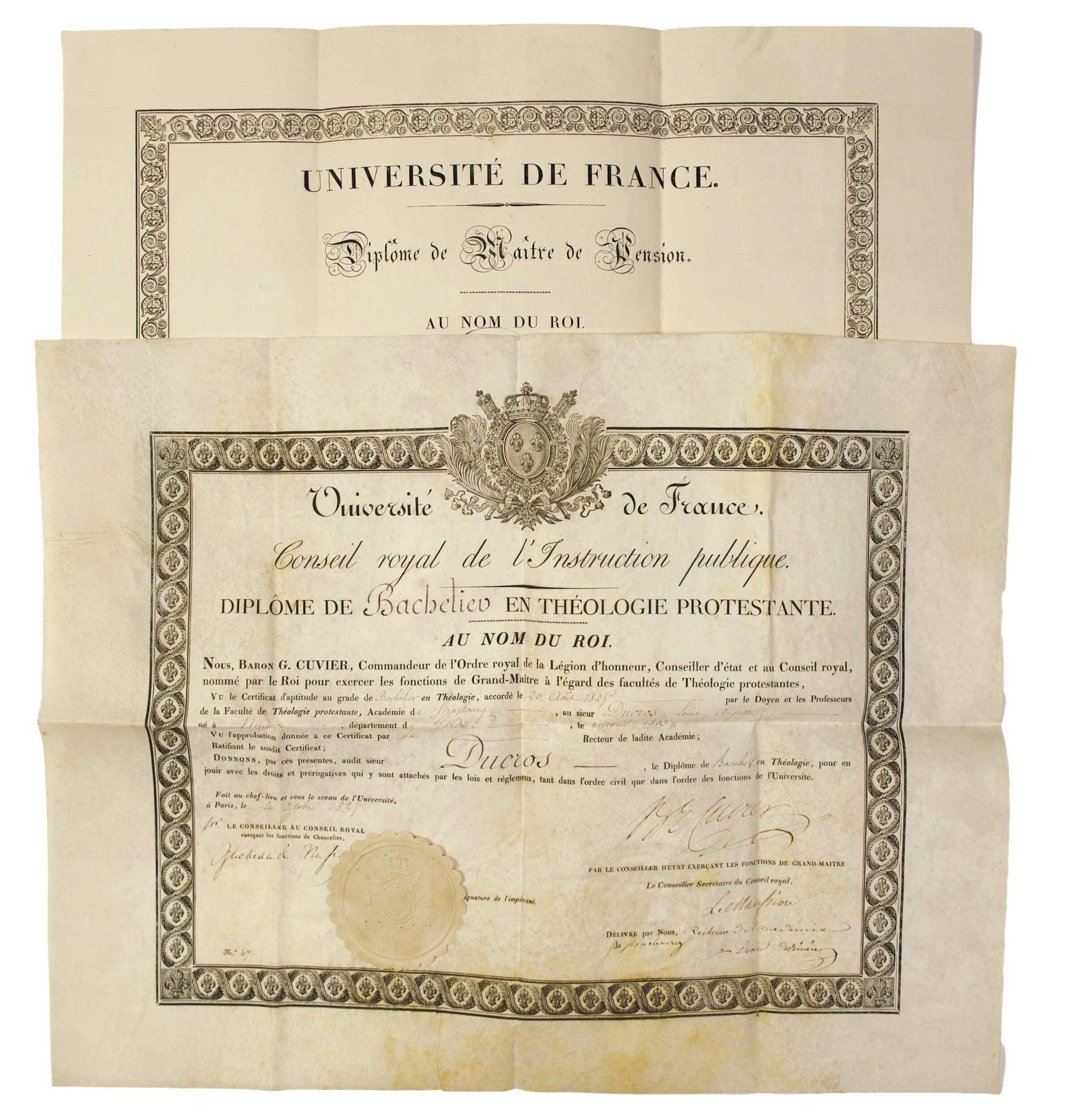 PROTESTANTISM. 2 Diplomas: 1°) "UNIVERSITÉ DE FRANCE. Consei - Lot 457