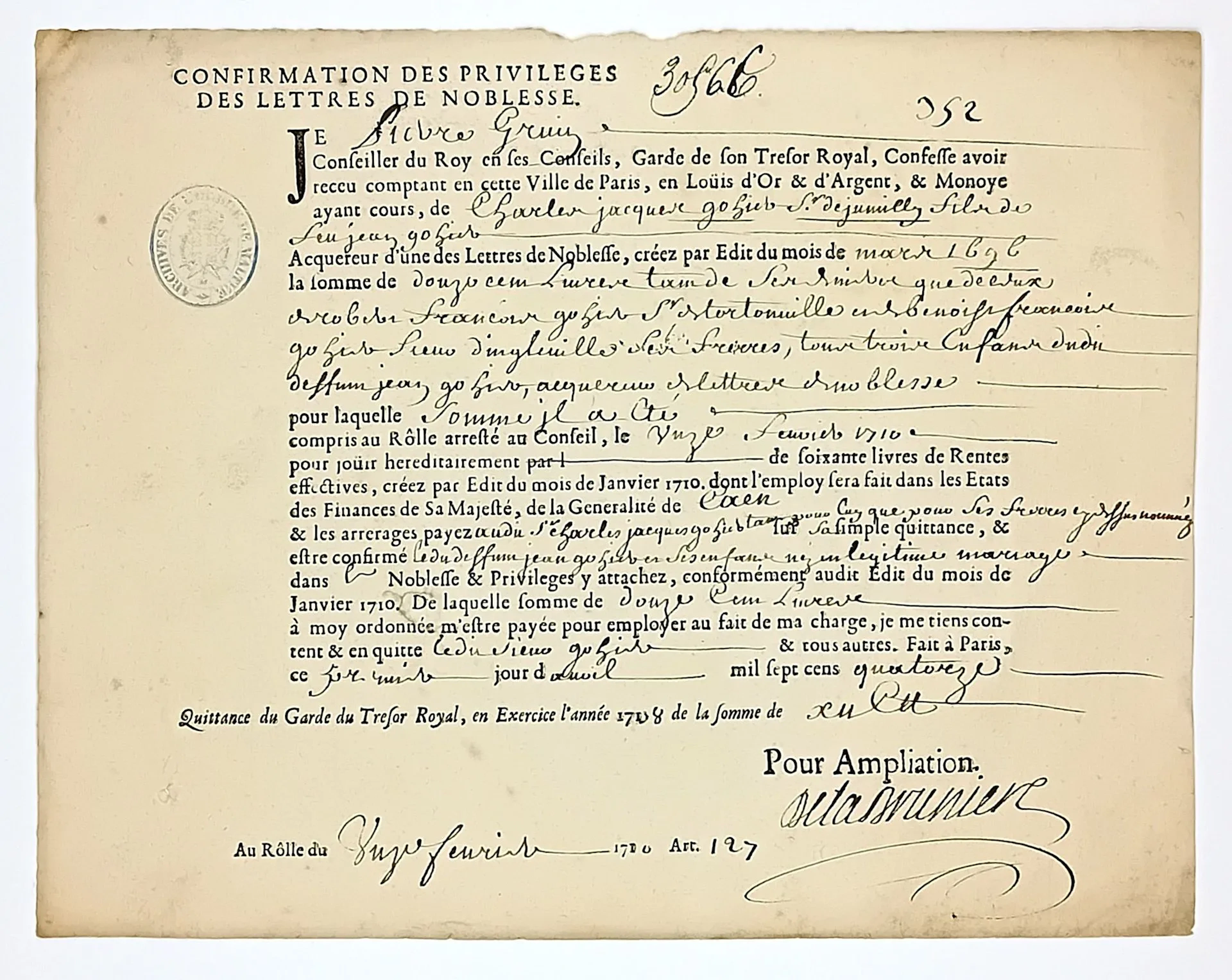 NORMANDY “Confirmation of the PRIVILEGES of the LETTERS OF N - Lot 51