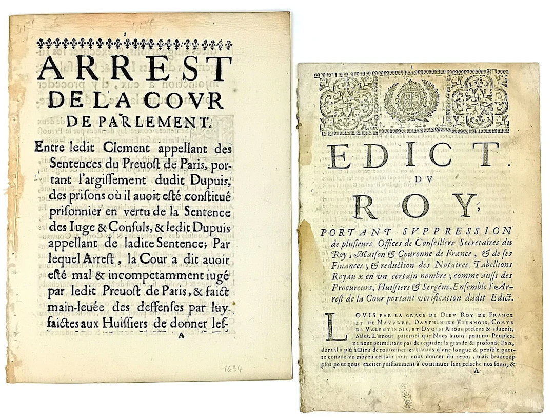PARIS. 2 17th-Century Printed Documents: PARIS PARLIAMENT. P - Lot 10