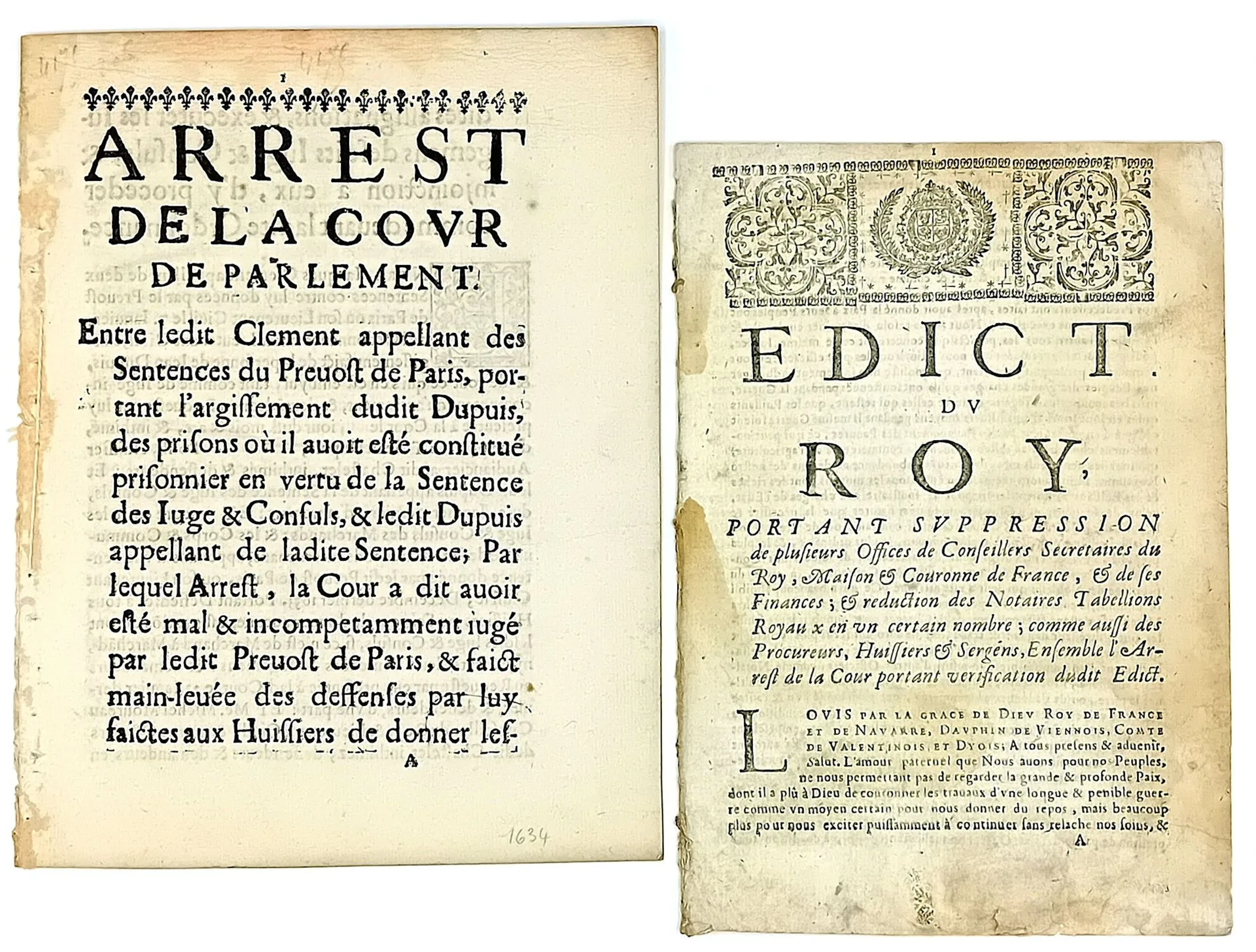 PARIS. 2 17th-Century Printed Documents: PARIS PARLIAMENT. P - Lot 10