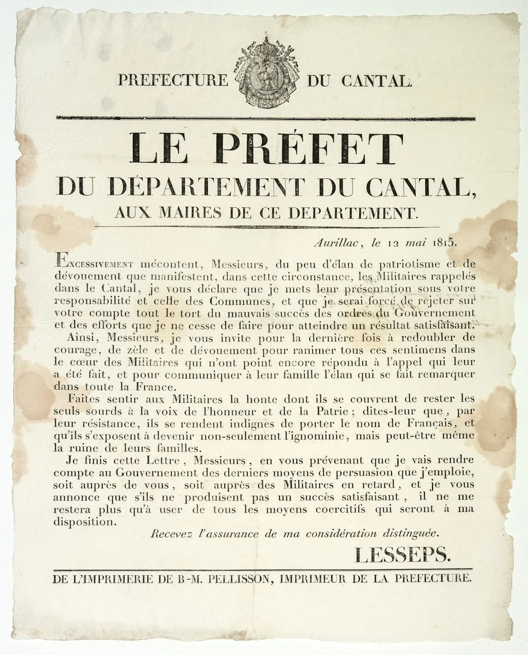 CANTAL. 1815. Address from LESSEPS Prefect of CANTAL, to the - Lot 409