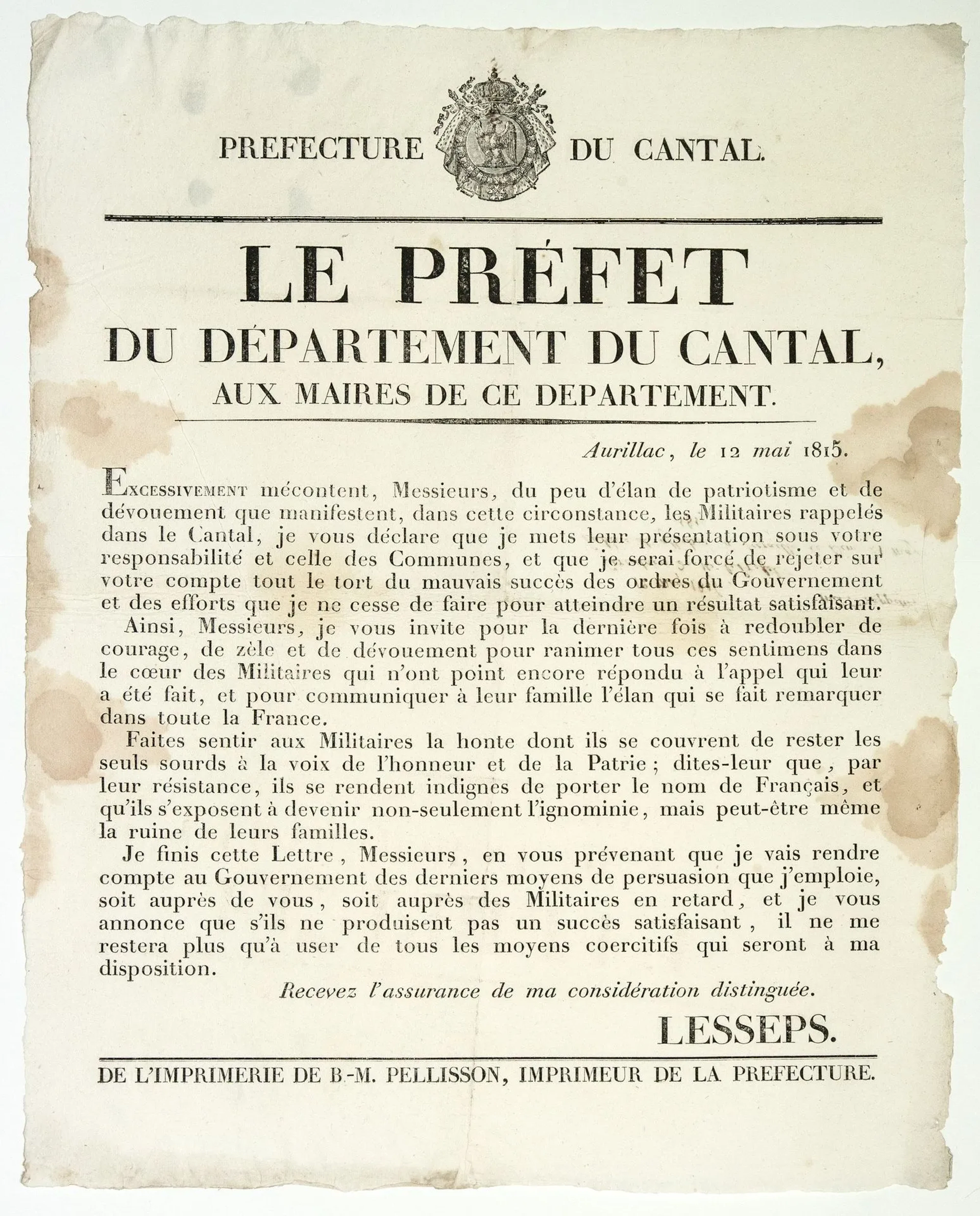 CANTAL. 1815. Address from LESSEPS Prefect of CANTAL, to the - Lot 409