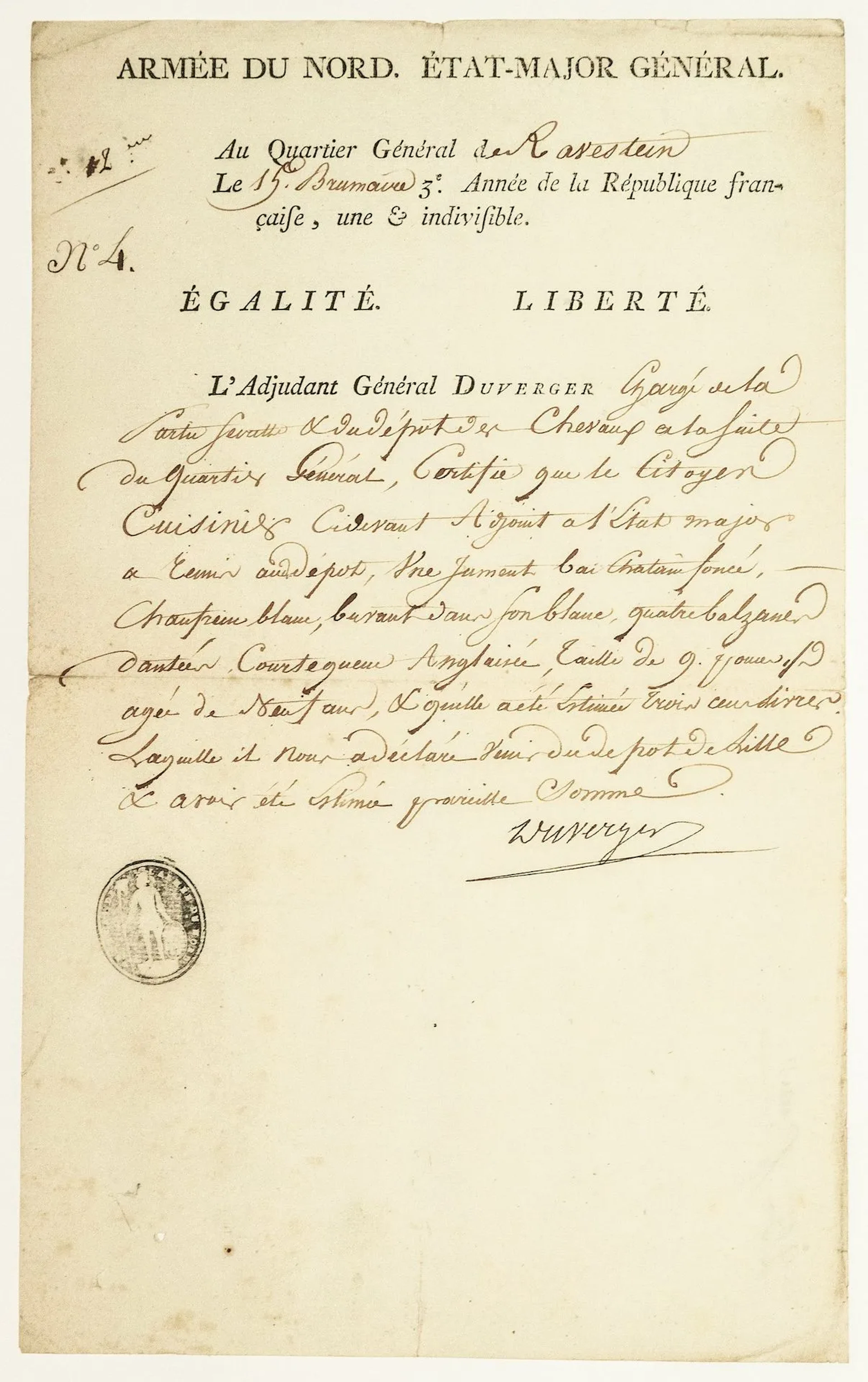 NORTHERN ARMY. Certificate signed by General Alexis-Jean-Hen - Lot 243