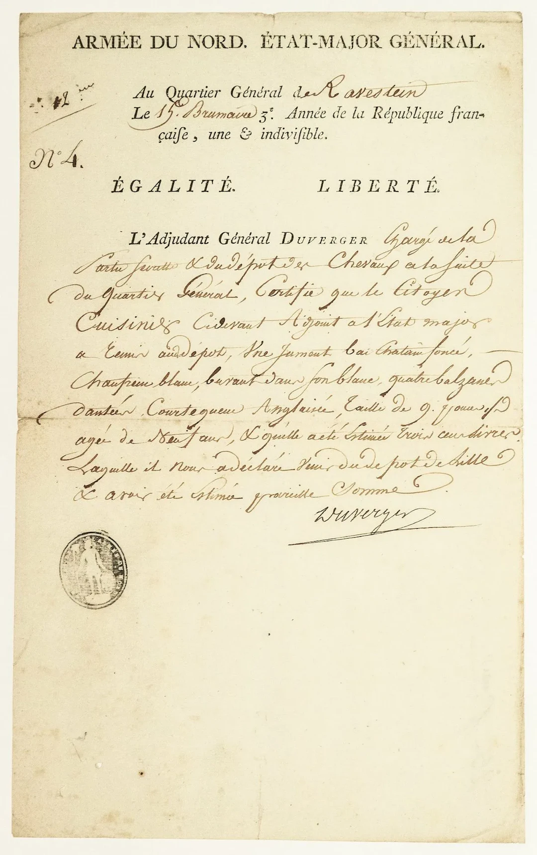 NORTHERN ARMY. Certificate signed by General Alexis-Jean-Hen - Lot 243
