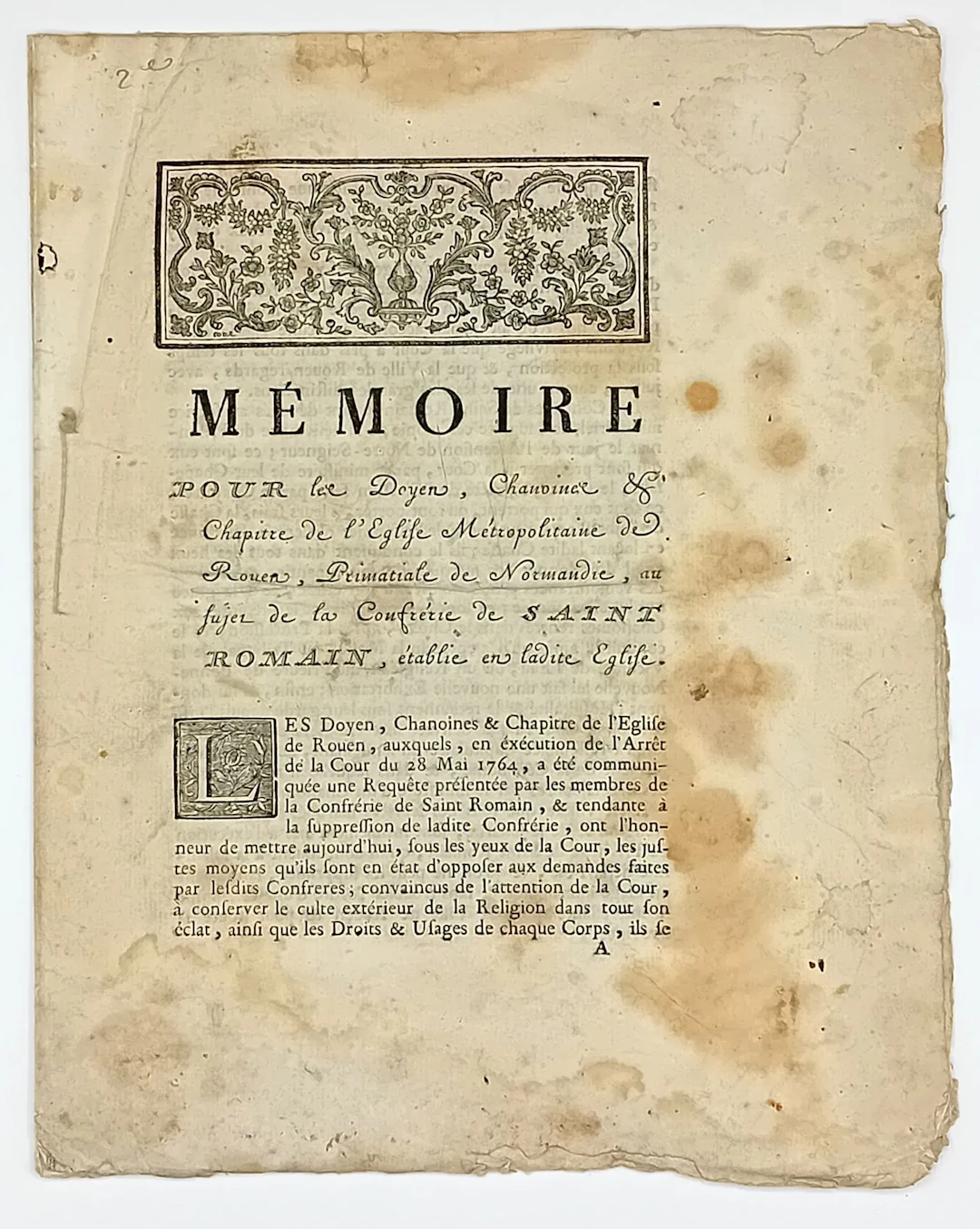 NORMANDY. ROUEN. BROTHERHOOD OF ST. ROMAIN - “Memorandum for - Lot 93