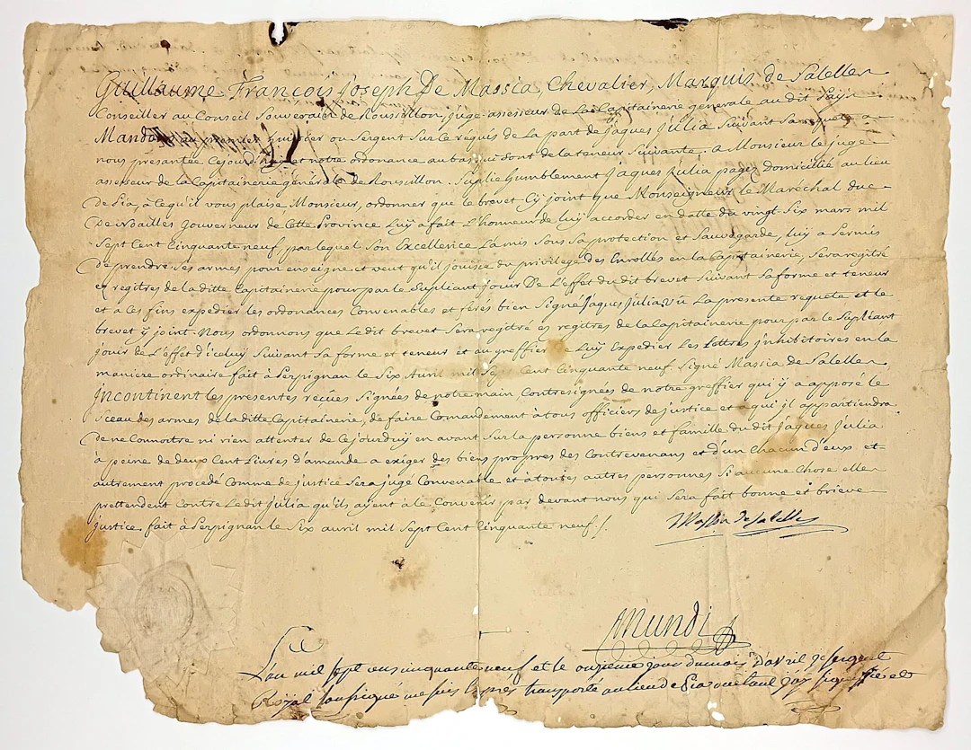 EASTERN PYRÉNÉES. PERPIGNAN, April 6, 1759. Signed Guillaume - Lot 89