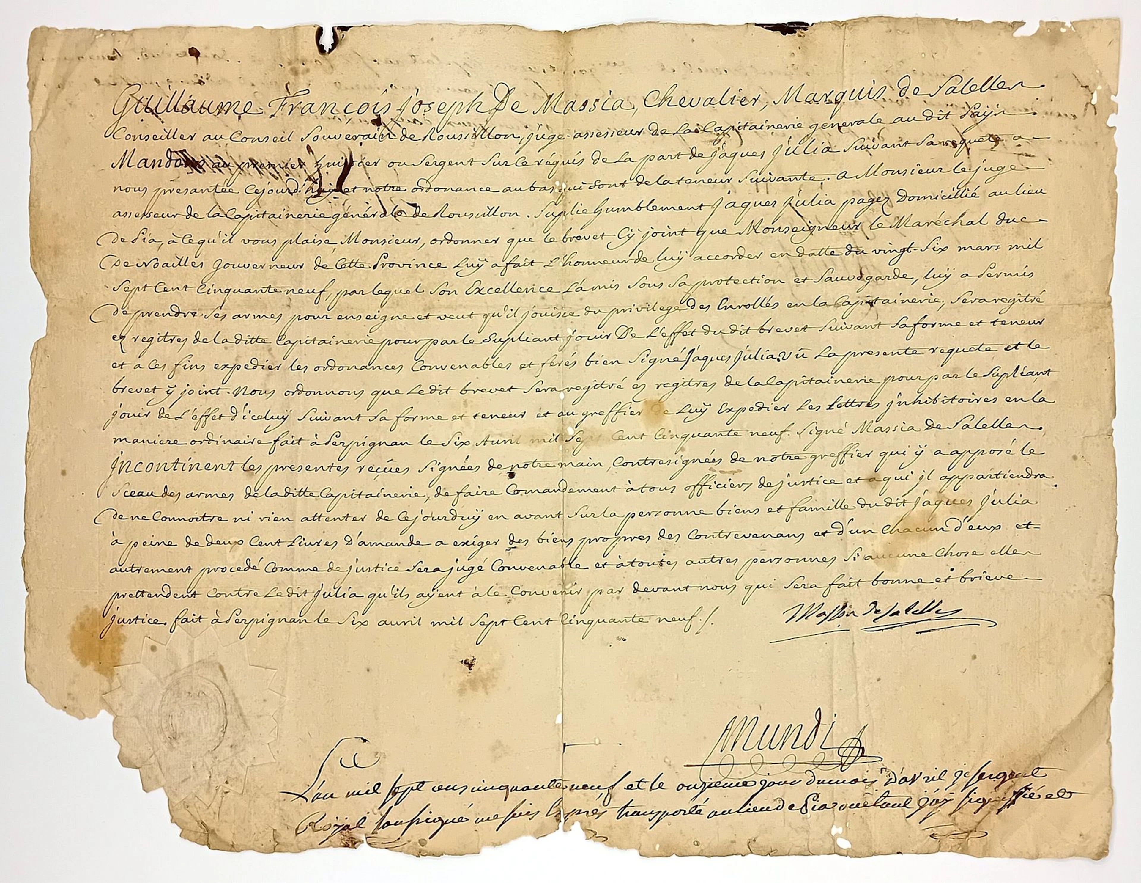 EASTERN PYRÉNÉES. PERPIGNAN, April 6, 1759. Signed Guillaume - Lot 89