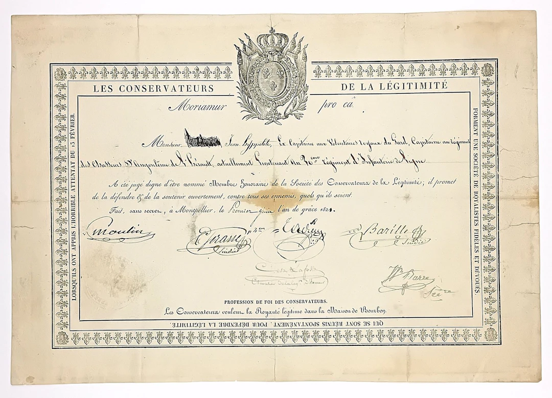 ROYALIST SOCIETY. 1821. HÉRAULT. DIPLOMA as Honorary Member - Lot 444