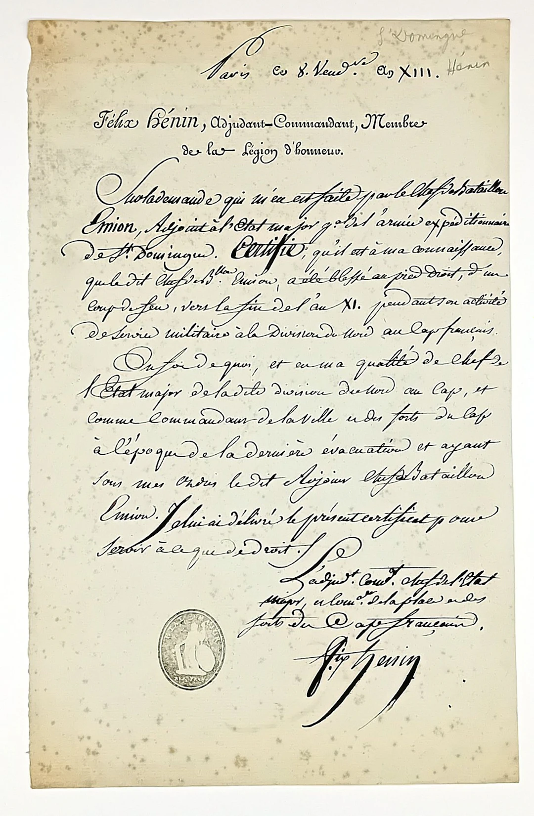 SANTO DOMINGO, 1804. Baron d’HÉNIN DE CUVILLERS, Étienne-Fél - Lot 350
