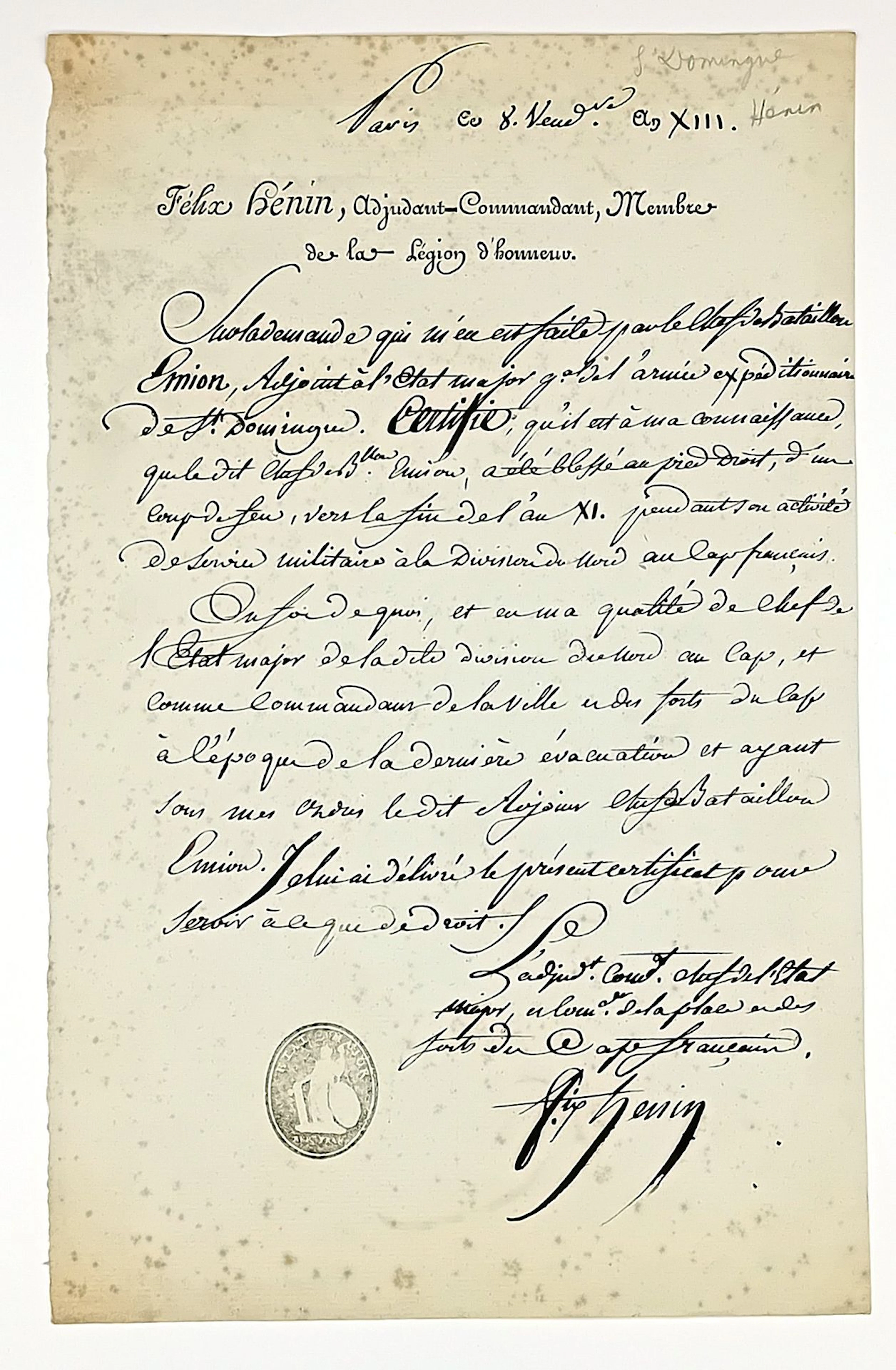 SANTO DOMINGO, 1804. Baron d’HÉNIN DE CUVILLERS, Étienne-Fél - Lot 350