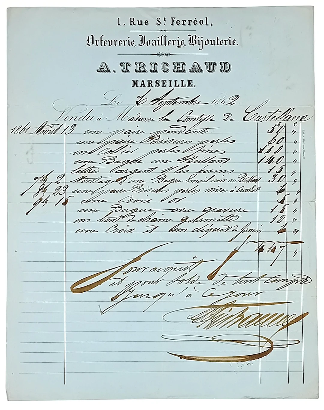 GOLD - Invoice from the firm "A. TRICHAUD Orfèvrerie, Joaill - Lot 594