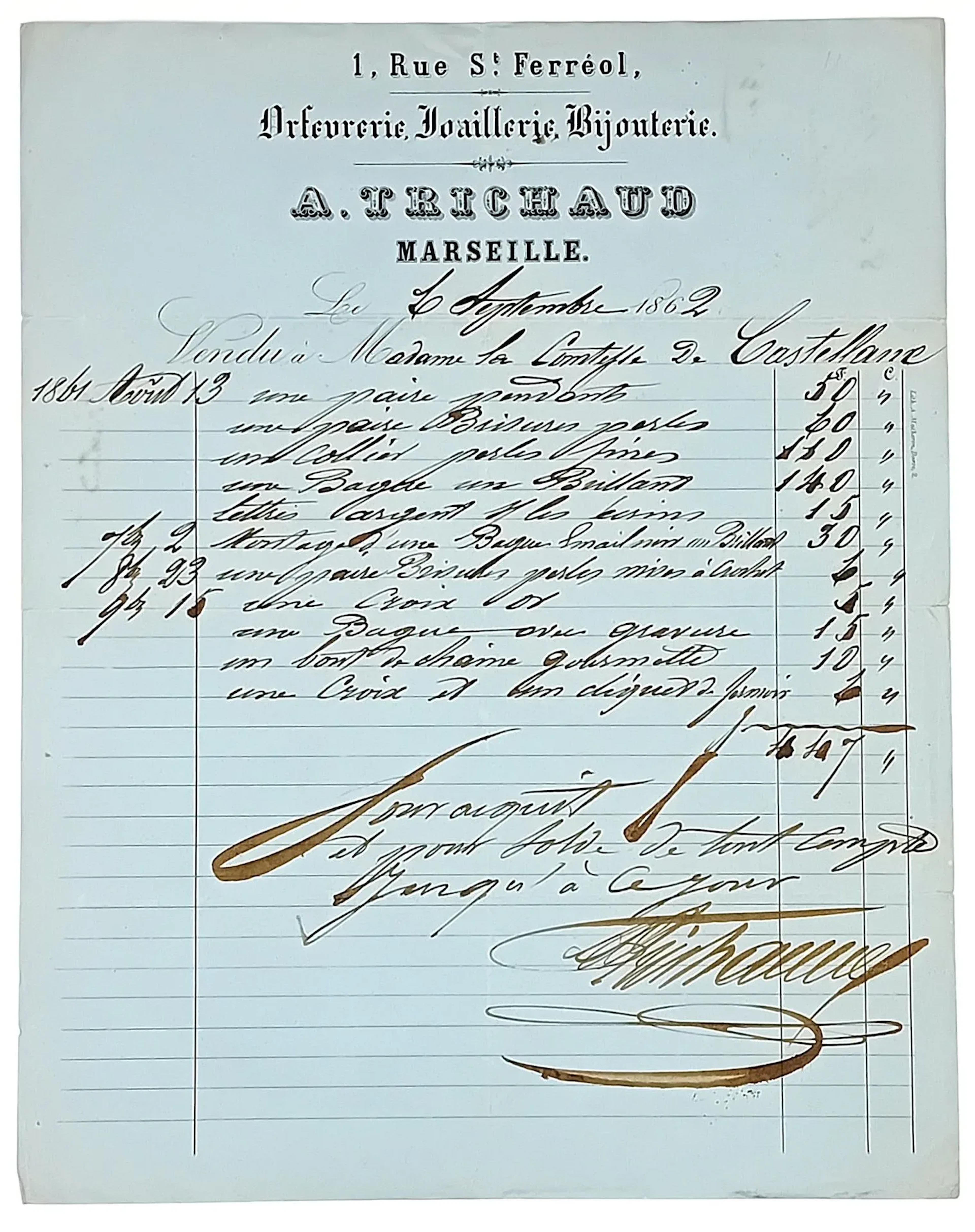 GOLD - Invoice from the firm "A. TRICHAUD Orfèvrerie, Joaill - Lot 594