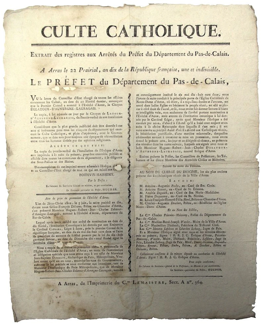 PAS-DE-CALAIS. (Installation of the Bishop of ARRAS). “CATHO - Lot 331